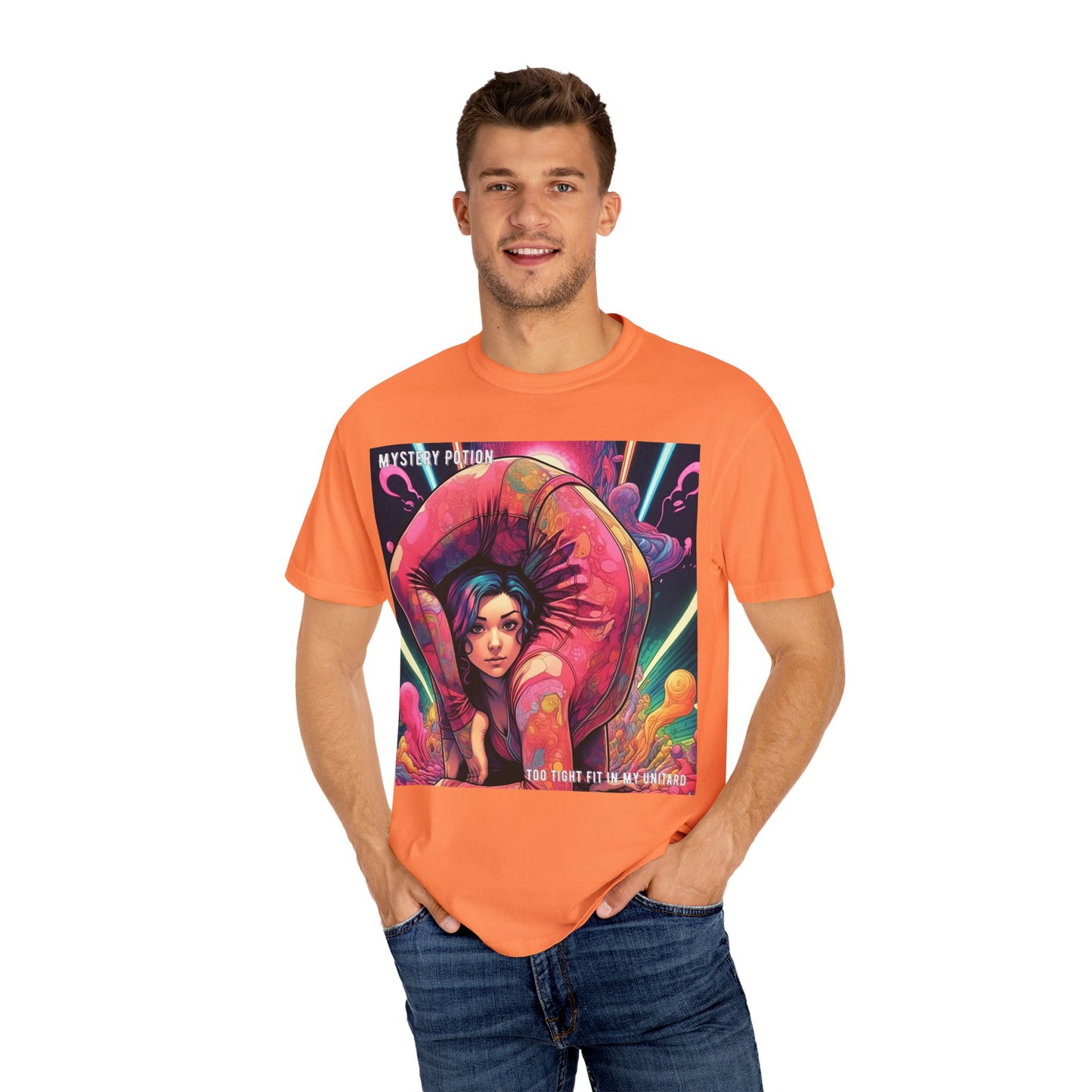 Mystery Potion Extreme Yoga Pose Unisex Garment-Dyed T-shirt, Artistic Tee, Vibrant Graphic Shirt, Unique Gift, Festival Wear, Comfortable Casual Top