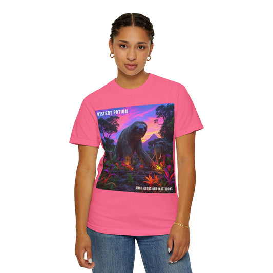 Mystery Potion's Giant Sloths and Mastodons Graphic T-Shirt | Unisex Garment-Dyed Tee for Nature Lovers, Unique Gift, Festival Wear, Prehistoric Design