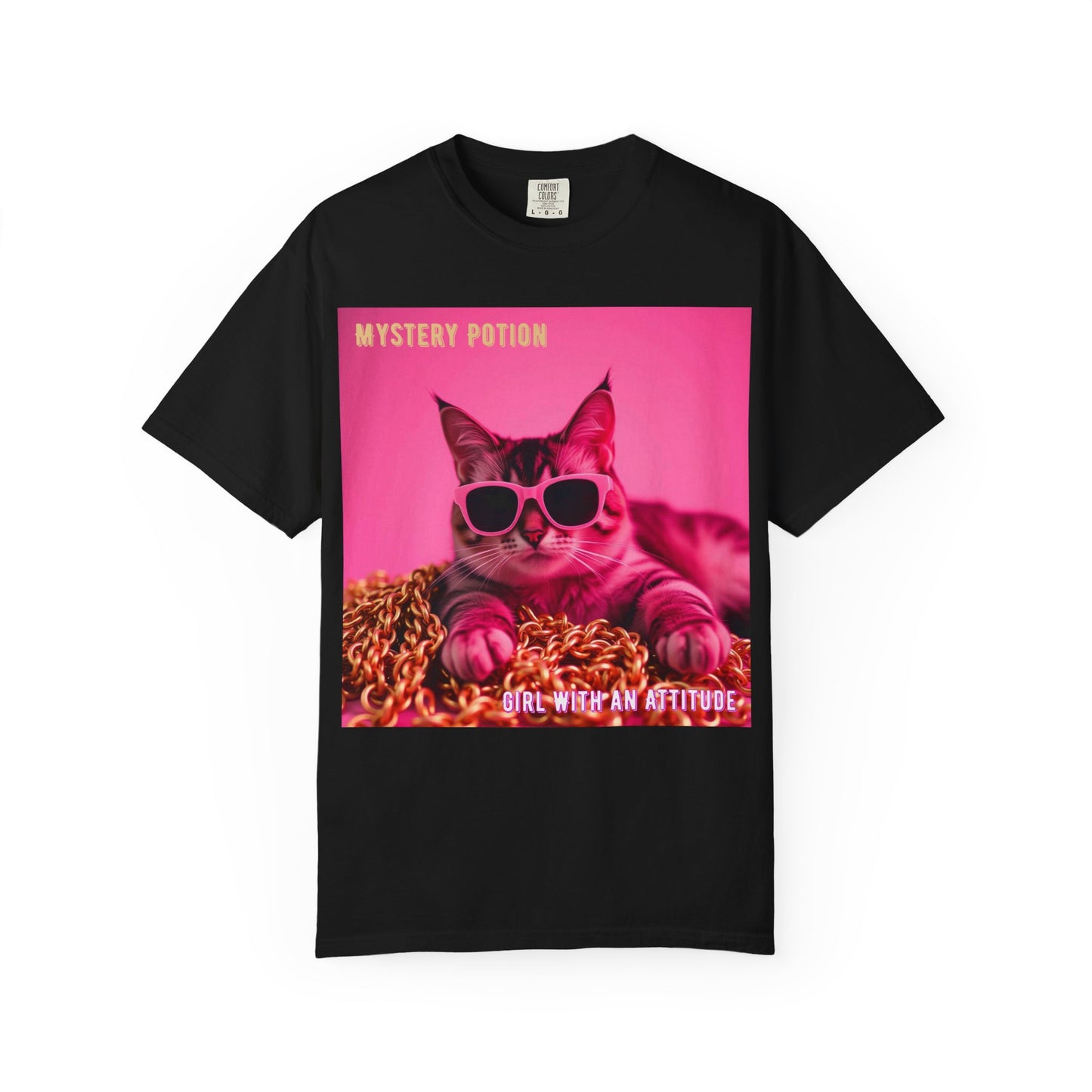 'Girl With An Attitude' by Mystery Potion, Cool Cat T-shirt, Fun Cat Tee, Gift for Cat Lovers, Casual Wear, Unique Fashion Statement, Attitude T-shirt