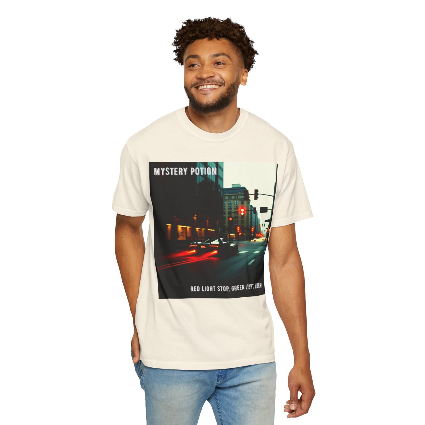 'Red Light Stop, Green Light Burn' by Mystery Potion Urban Vibe T-Shirt, Street Art T-Shirt, Fashion Tee, Gift for Art Lovers, Unisex Cotton Shirt, Unique Graphic Tee