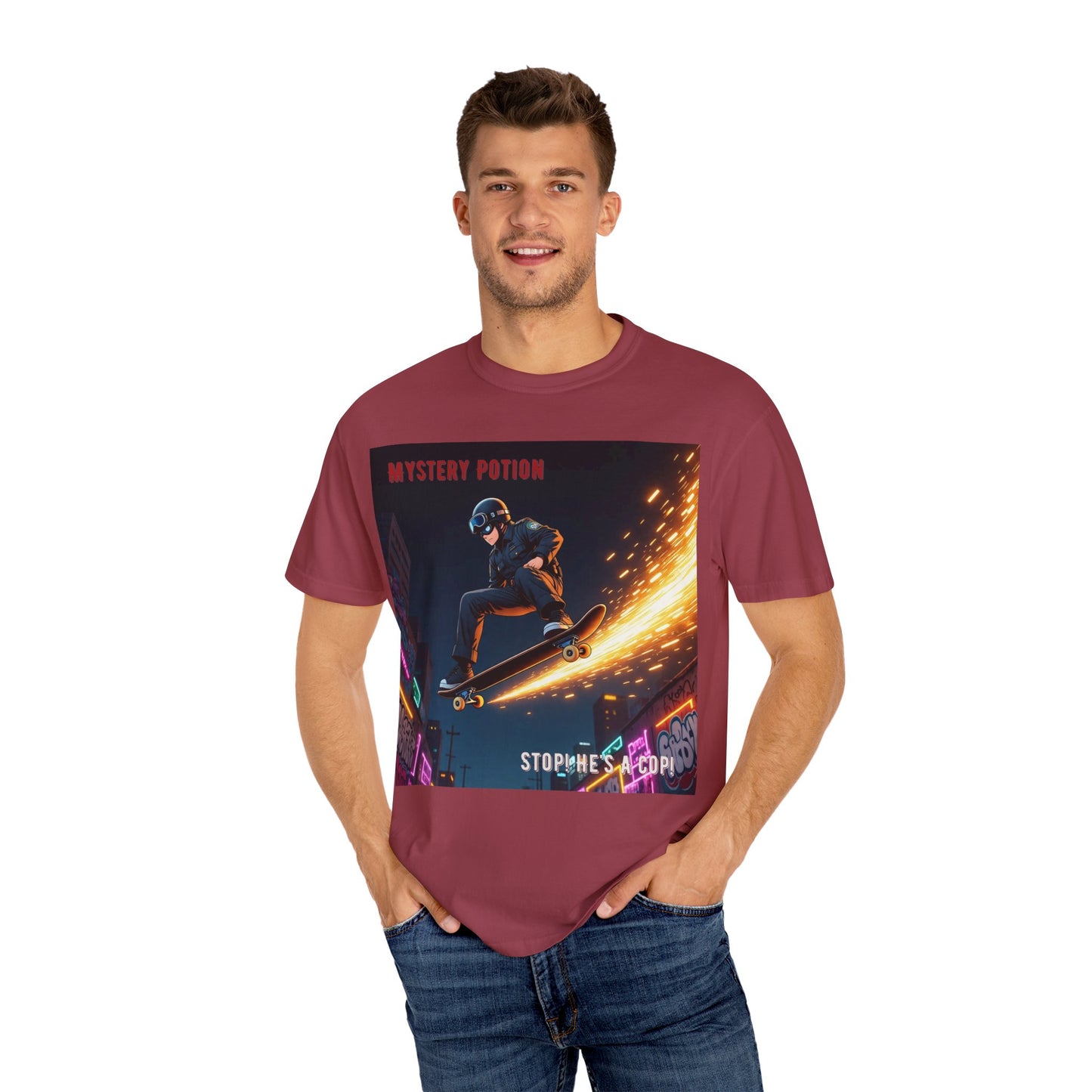 'Stop! He's A Cop!' by Mystery Potion, Skateboard Hardcore Punk T-shirt, Cozy Graphic Tee, Perfect Gift for Skaters, Unisex Streetwear Shirt, Trendy Casual Wear