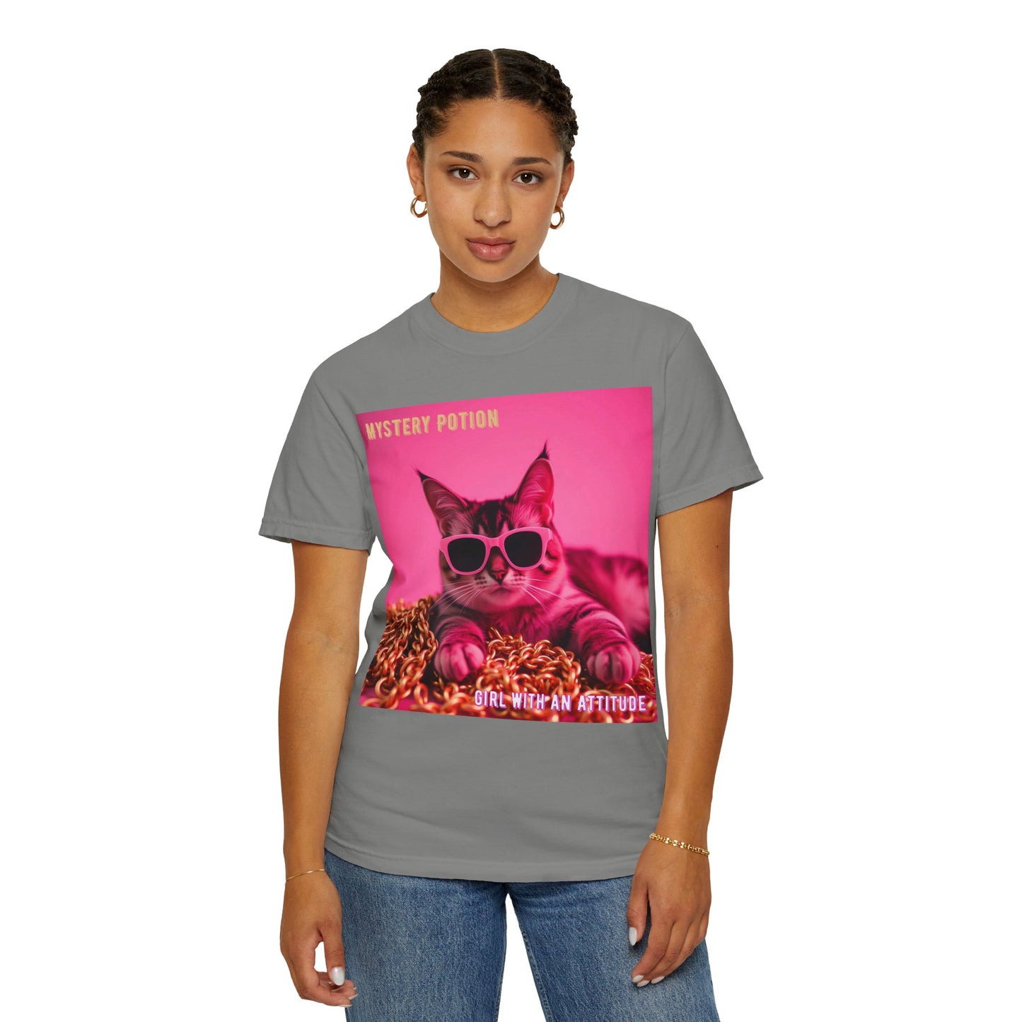 'Girl With An Attitude' by Mystery Potion, Cool Cat T-shirt, Fun Cat Tee, Gift for Cat Lovers, Casual Wear, Unique Fashion Statement, Attitude T-shirt