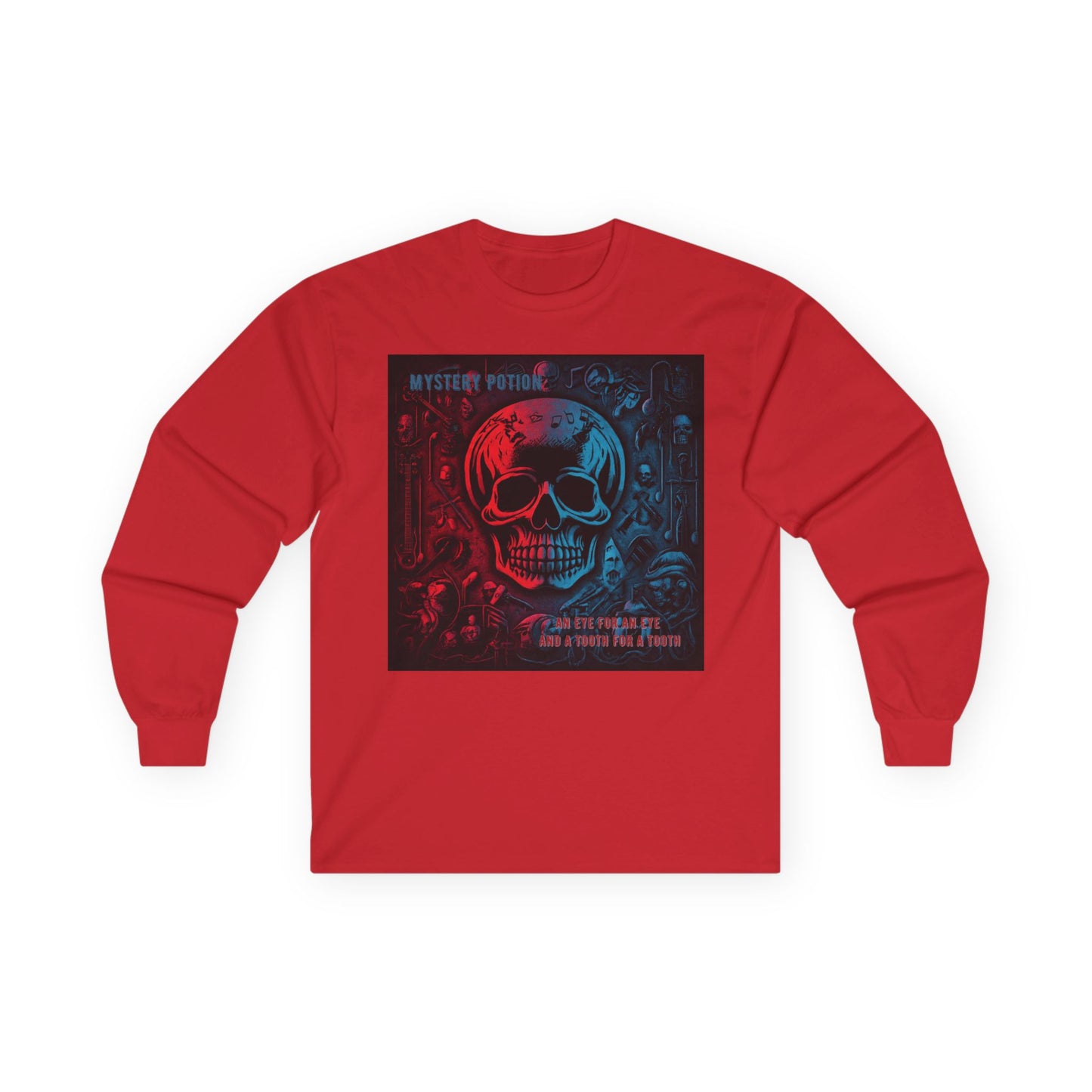 Mystery Potion's 'An Eye For An Eye, And A Tooth For A Tooth' Long Sleeve Tee: Red and Blue Skull Design