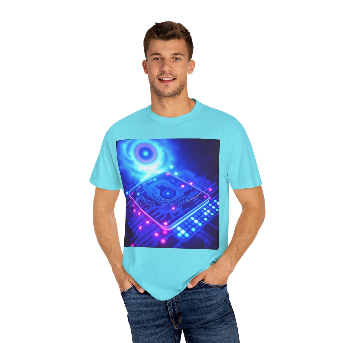 Genesis by Mystery Potion, Tech-Inspired Unisex Garment-Dyed T-Shirt, Unique Gift for Tech Lovers, Festival Wear, Casual Style, Gamer Apparel, Cyberpunk Vibe