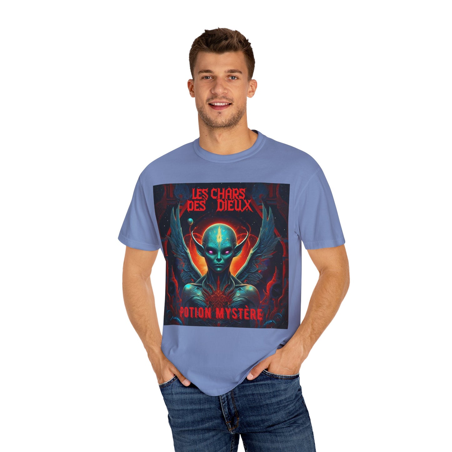 'Les Chars des Dieux' par Potion Mystère, Mystical Alien Graphic T-Shirt | Unisex Tee for Sci-Fi Lovers, Unique Gift for Halloween, Cosmic Vibes, Statement Shirt, Trendy Fashion