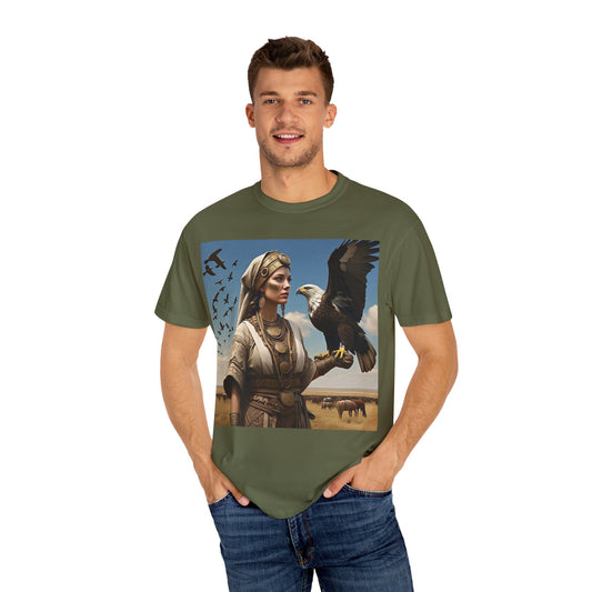 Empowered Eagle and Scythian Woman T-Shirt, Unisex Garment-Dyed Tee, Nature Lover Shirt, Gift for Bird Enthusiasts, Unique Graphic Tee