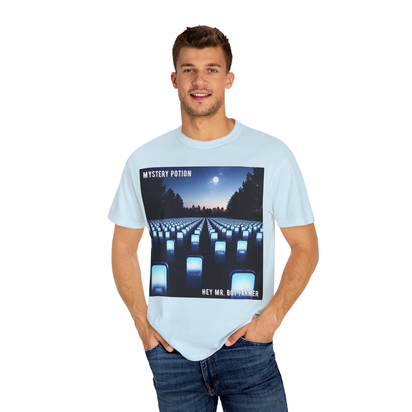 Mystery Potion "Hey Mr. Bot Farmer" Graphic T-Shirt, Unisex Vintage Tee, Perfect for Music Festivals, Casual Wear, Gifts for Him/Her
