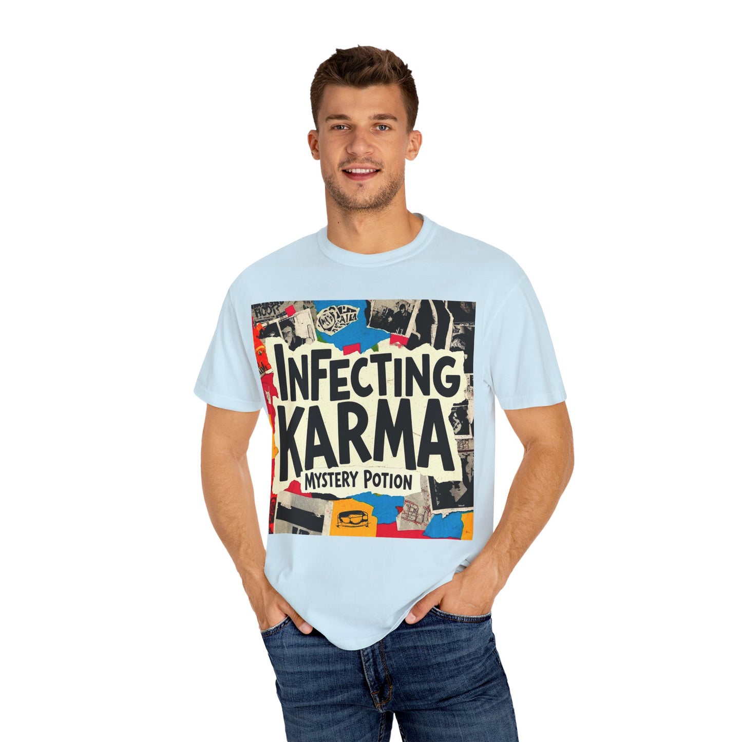 'Infecting Karma' by Mystery Potion,  Mystical Vibes T-shirt Design - Summer Casual Wear, Gift for Friends, Festival Apparel, Unique Statement Tee