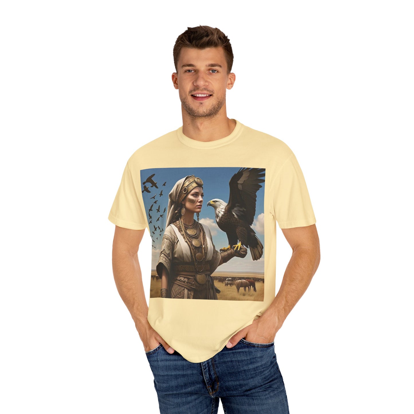Empowered Eagle and Scythian Woman T-Shirt, Unisex Garment-Dyed Tee, Nature Lover Shirt, Gift for Bird Enthusiasts, Unique Graphic Tee