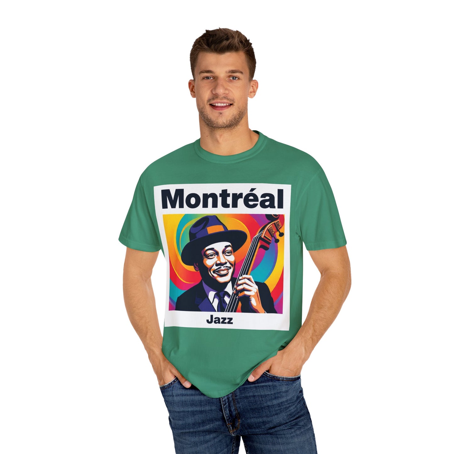 Vibrant Jazz T-Shirt with Montréal Design | Unisex Garment-Dyed Tee for Music Lovers, Concerts, Festivals, Gift Idea, Casual Wear