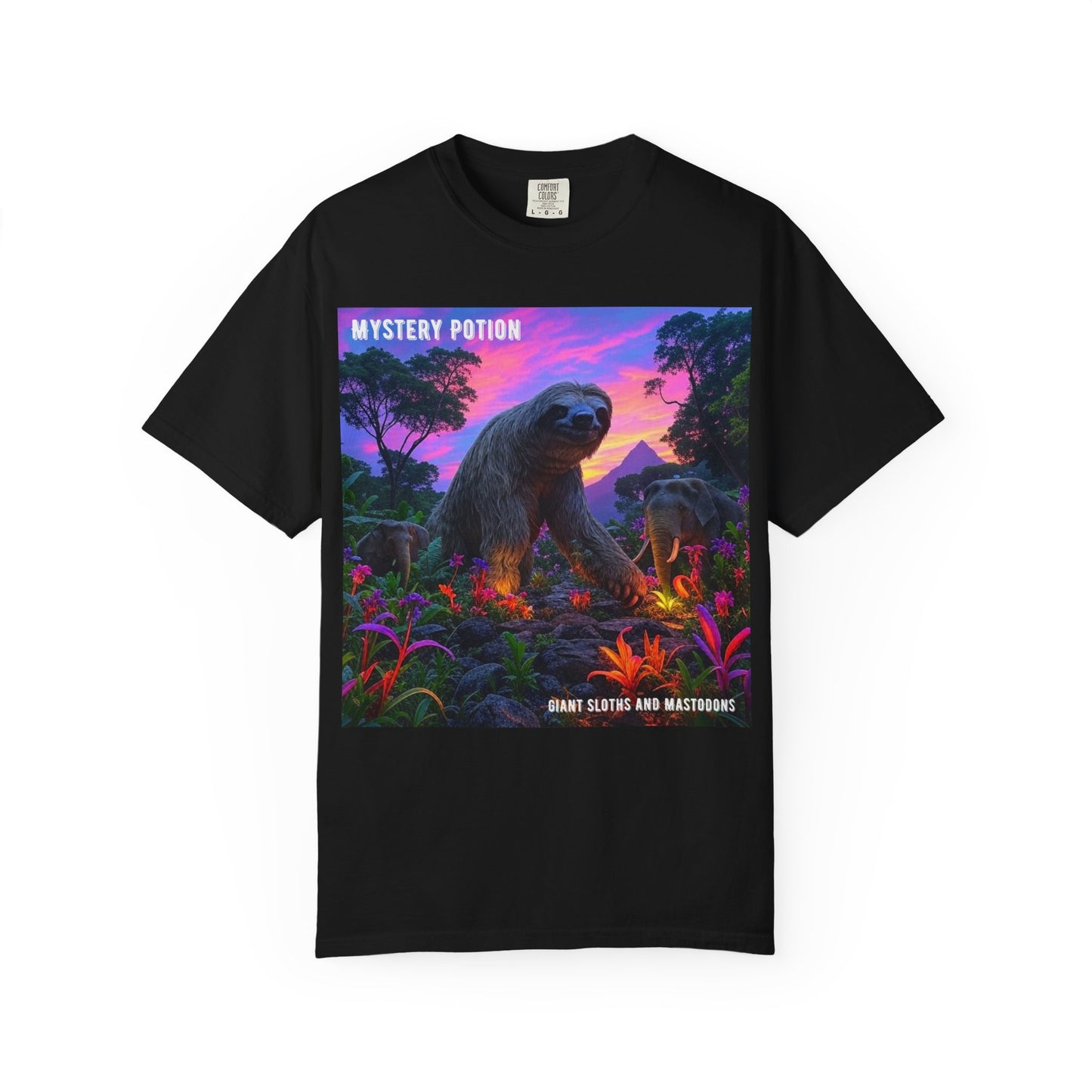 Mystery Potion's Giant Sloths and Mastodons Graphic T-Shirt | Unisex Garment-Dyed Tee for Nature Lovers, Unique Gift, Festival Wear, Prehistoric Design