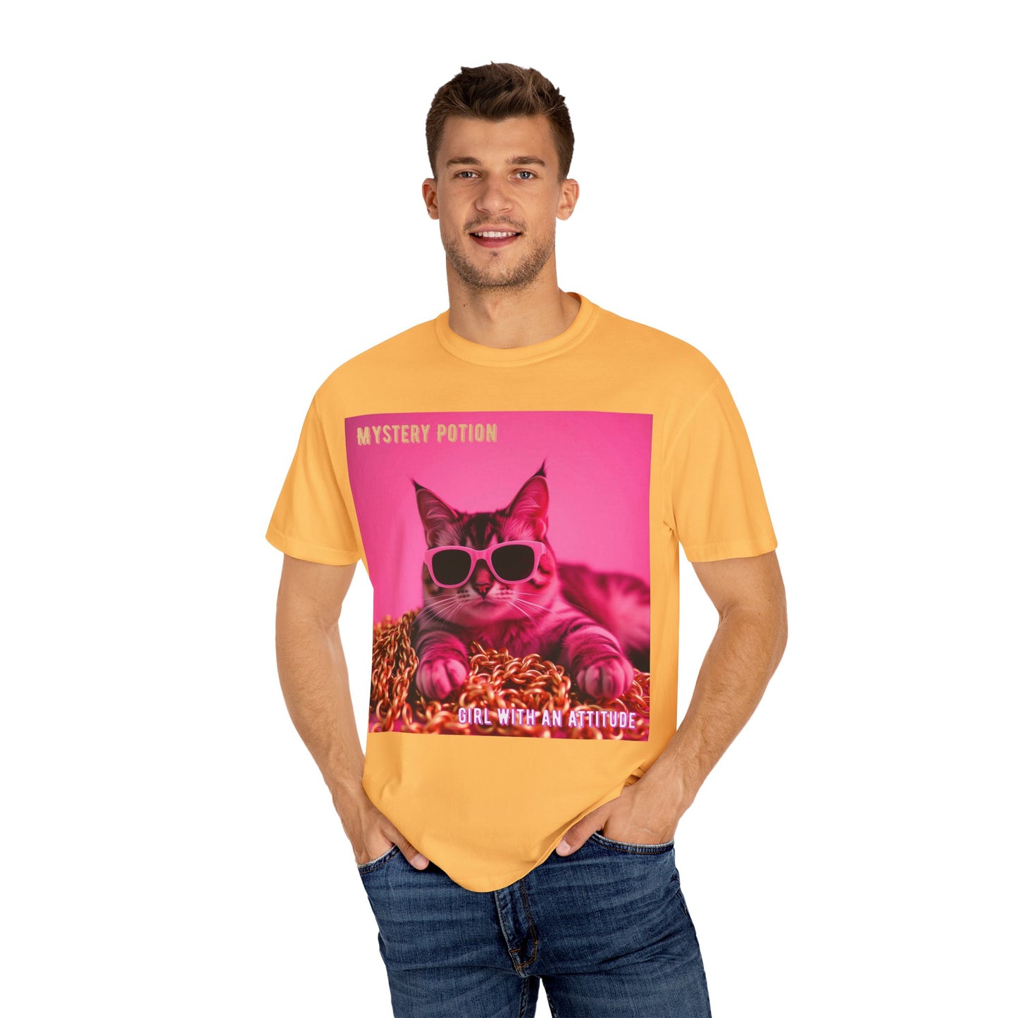 'Girl With An Attitude' by Mystery Potion, Cool Cat T-shirt, Fun Cat Tee, Gift for Cat Lovers, Casual Wear, Unique Fashion Statement, Attitude T-shirt