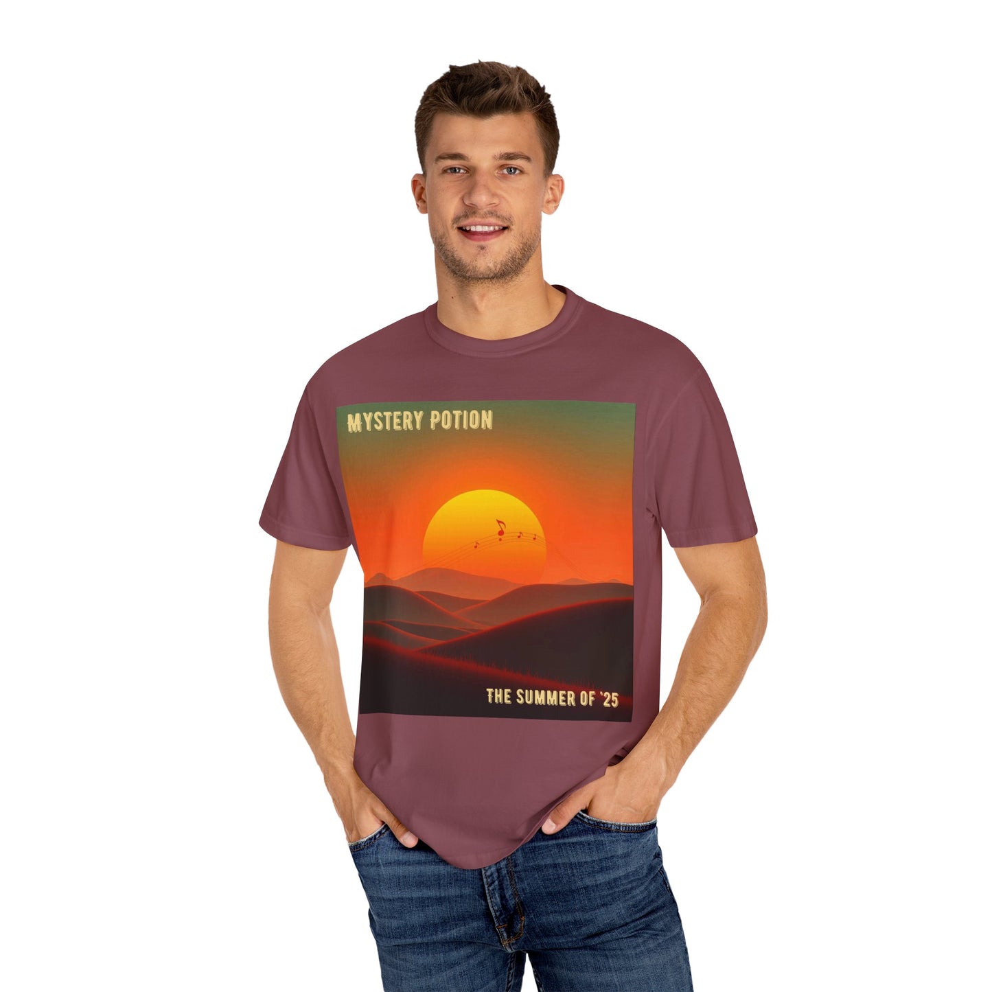 'The Summer of '25'  by Mystery Potion, Mystical Sunset T-Shirt - Unisex Garment-Dyed Tee, Retro Vibe, Bohemian Style, Summer Essential Swag