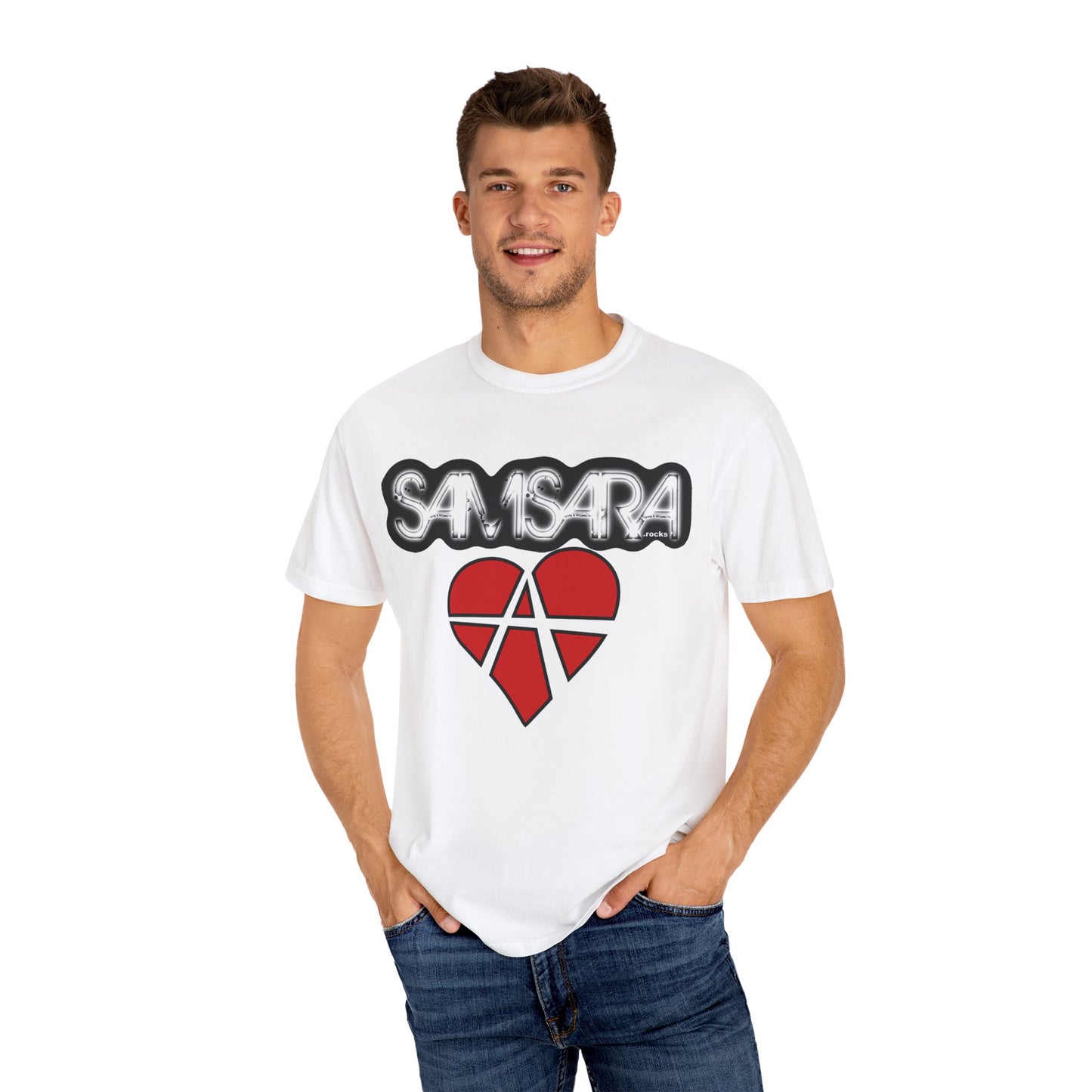 'Samsara Rocks' Logo, Love and Anarchy Graphic Tee | Unisex Garment-Dyed T-Shirt, Casual Fashion, Heart Design, Streetwear, Gift for Him/Her