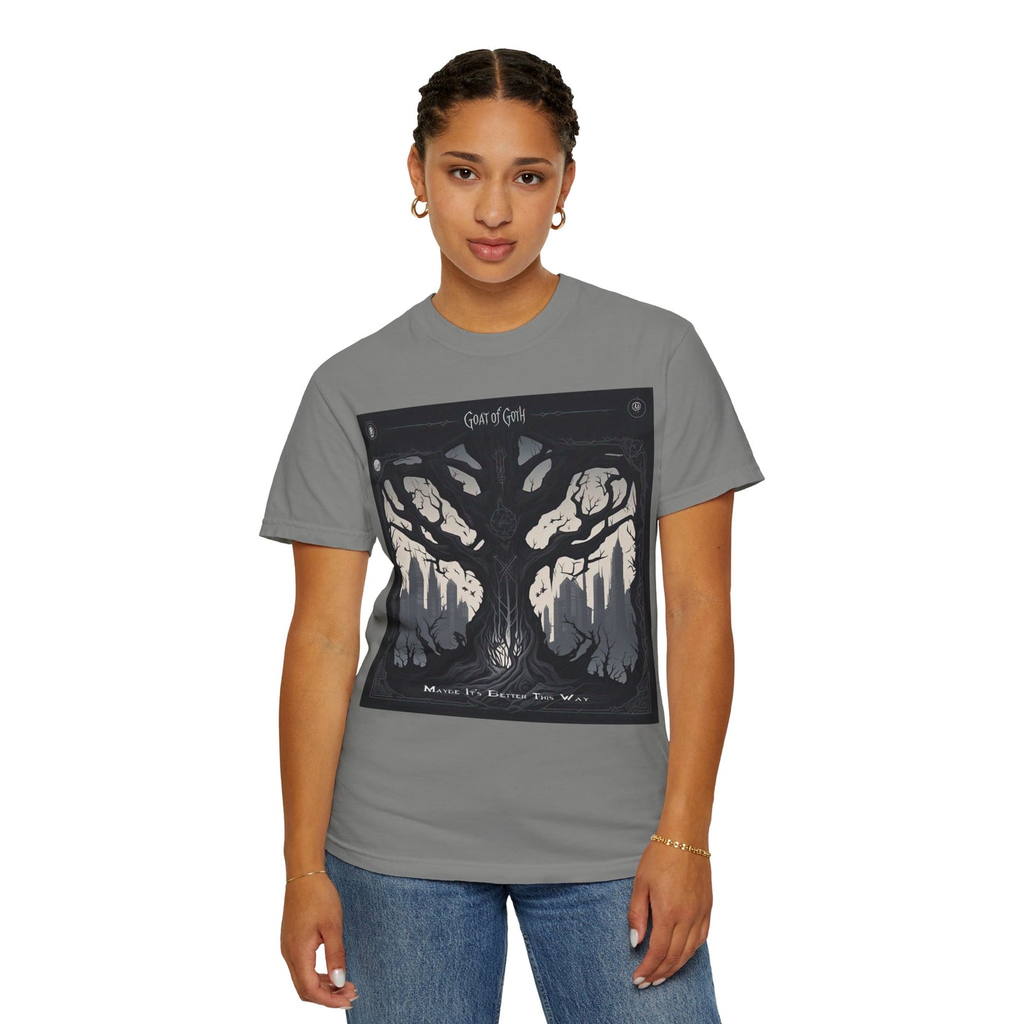 Gothic Tree T-Shirt, GOAT of Goth Unisex Cotton Tee for Nature Lovers, Unique Graphic Tee, Perfect for Festivals, Gift for Adventurers, Eco-Friendly Wear