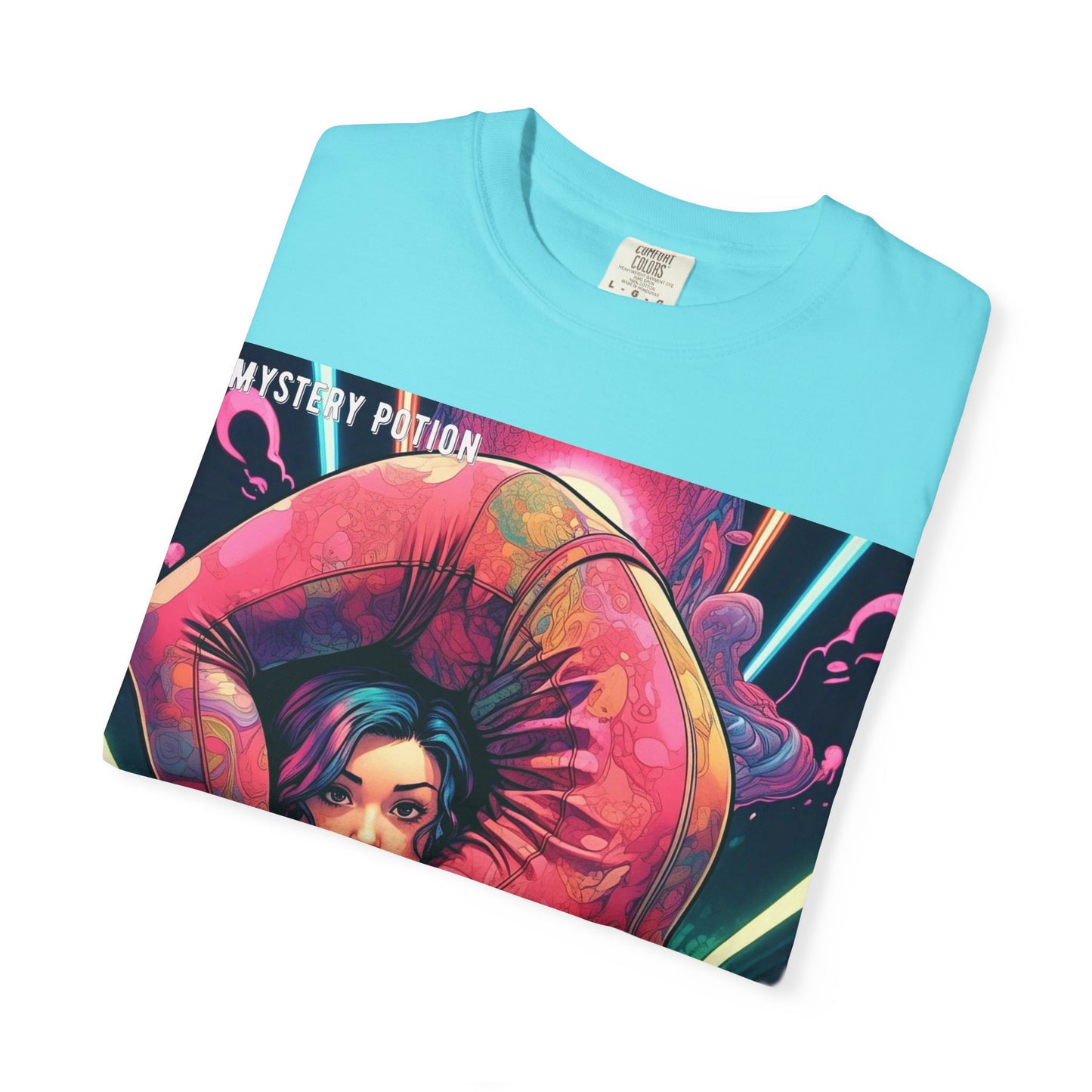 Mystery Potion Extreme Yoga Pose Unisex Garment-Dyed T-shirt, Artistic Tee, Vibrant Graphic Shirt, Unique Gift, Festival Wear, Comfortable Casual Top