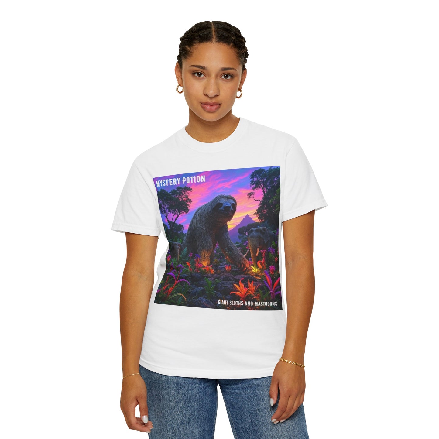 Mystery Potion's Giant Sloths and Mastodons Graphic T-Shirt | Unisex Garment-Dyed Tee for Nature Lovers, Unique Gift, Festival Wear, Prehistoric Design