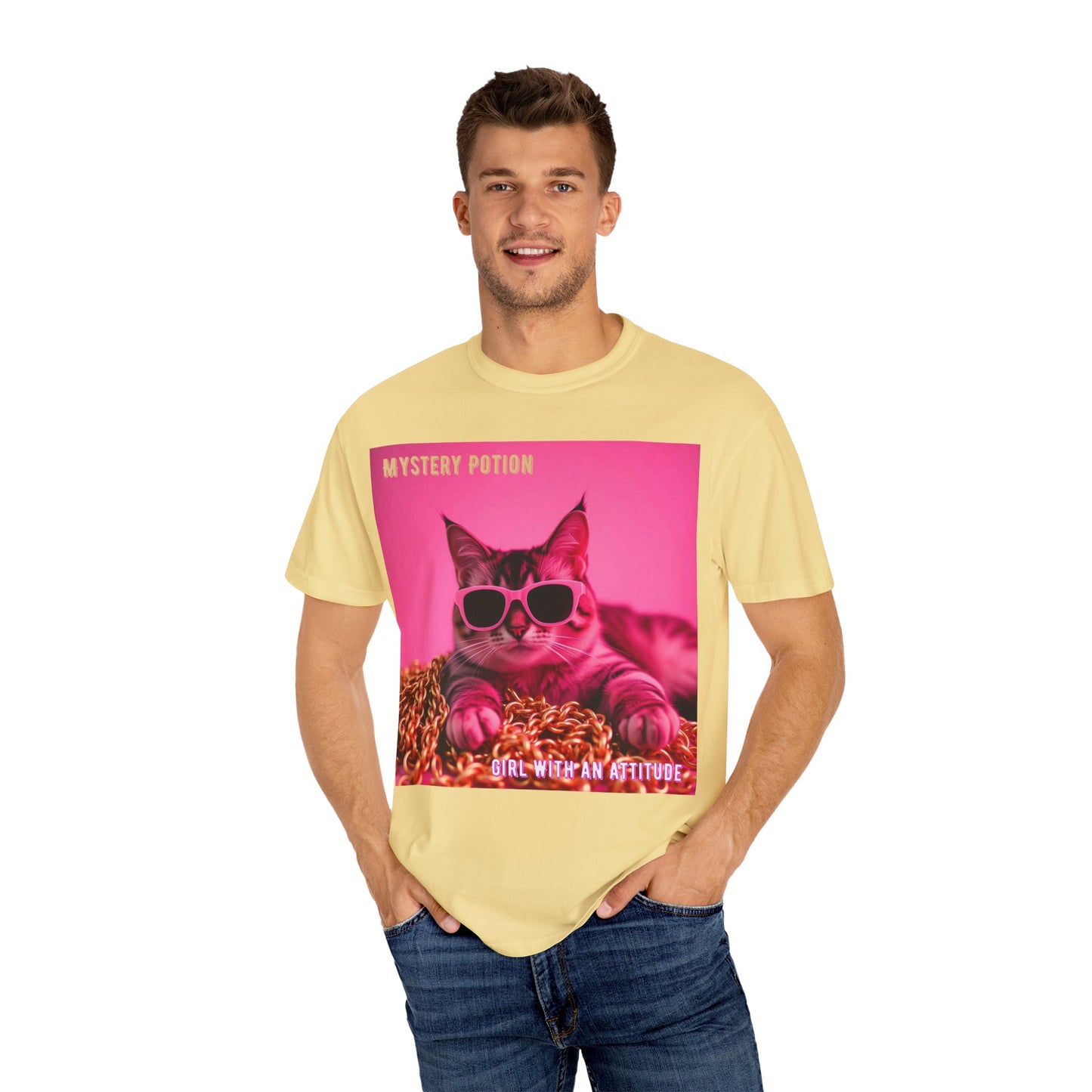 'Girl With An Attitude' by Mystery Potion, Cool Cat T-shirt, Fun Cat Tee, Gift for Cat Lovers, Casual Wear, Unique Fashion Statement, Attitude T-shirt