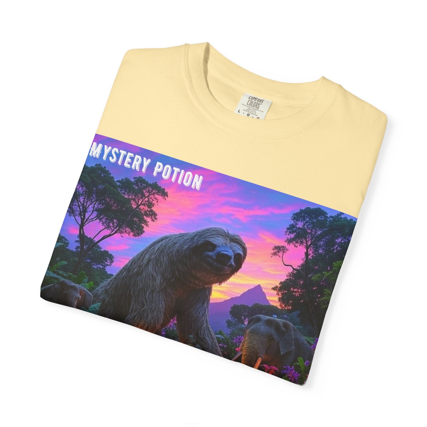 Mystery Potion's Giant Sloths and Mastodons Graphic T-Shirt | Unisex Garment-Dyed Tee for Nature Lovers, Unique Gift, Festival Wear, Prehistoric Design