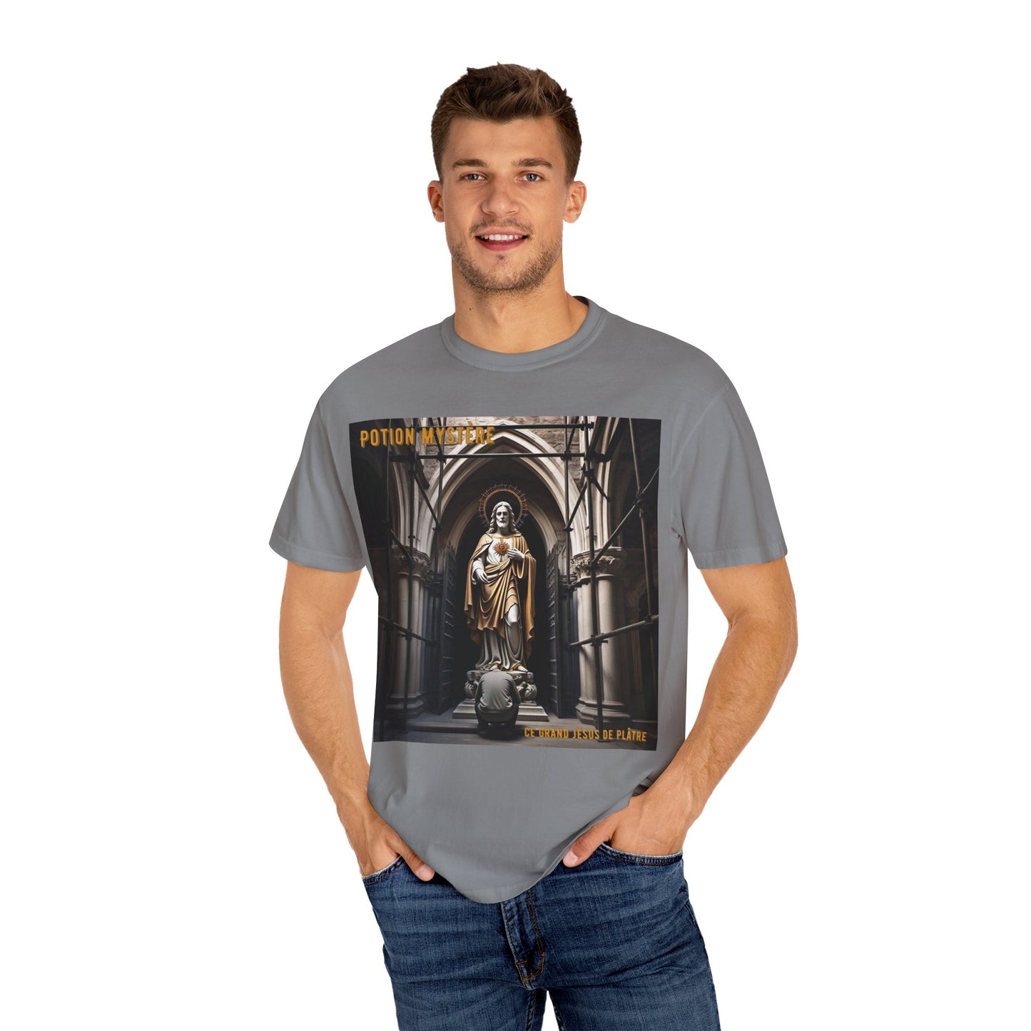 Mystical Potion Jesus Statue T-Shirt - Unisex, Relaxed Fit, Perfect for Festivals, Gifts, Everyday Wear, Unique Art Design