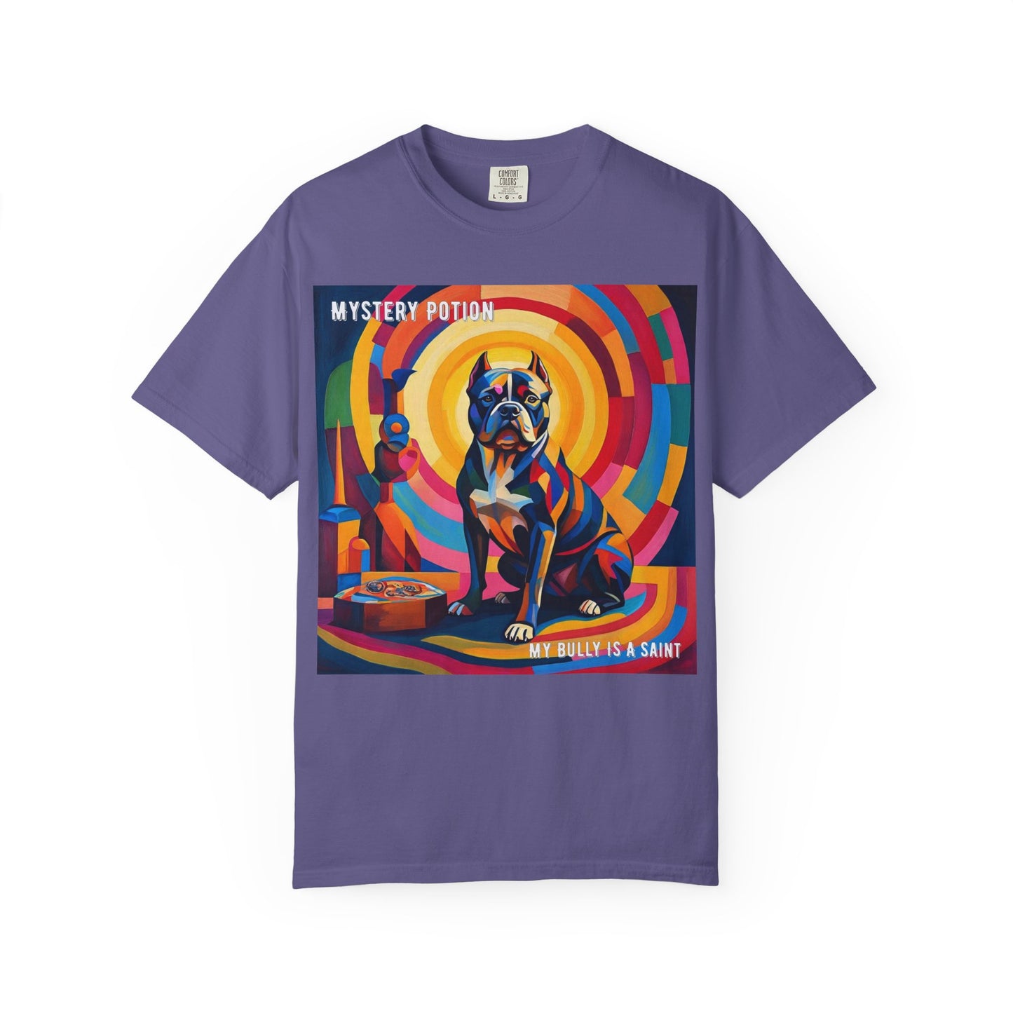 'My Bully Is A Saint' by Mystery Potion Colorful Dog Art T-shirt, Unisex Graphic Tee by Mystery Potion, Perfect for Pet Lovers, Comfy Casual Wear, Great Gift for Dog Lovers