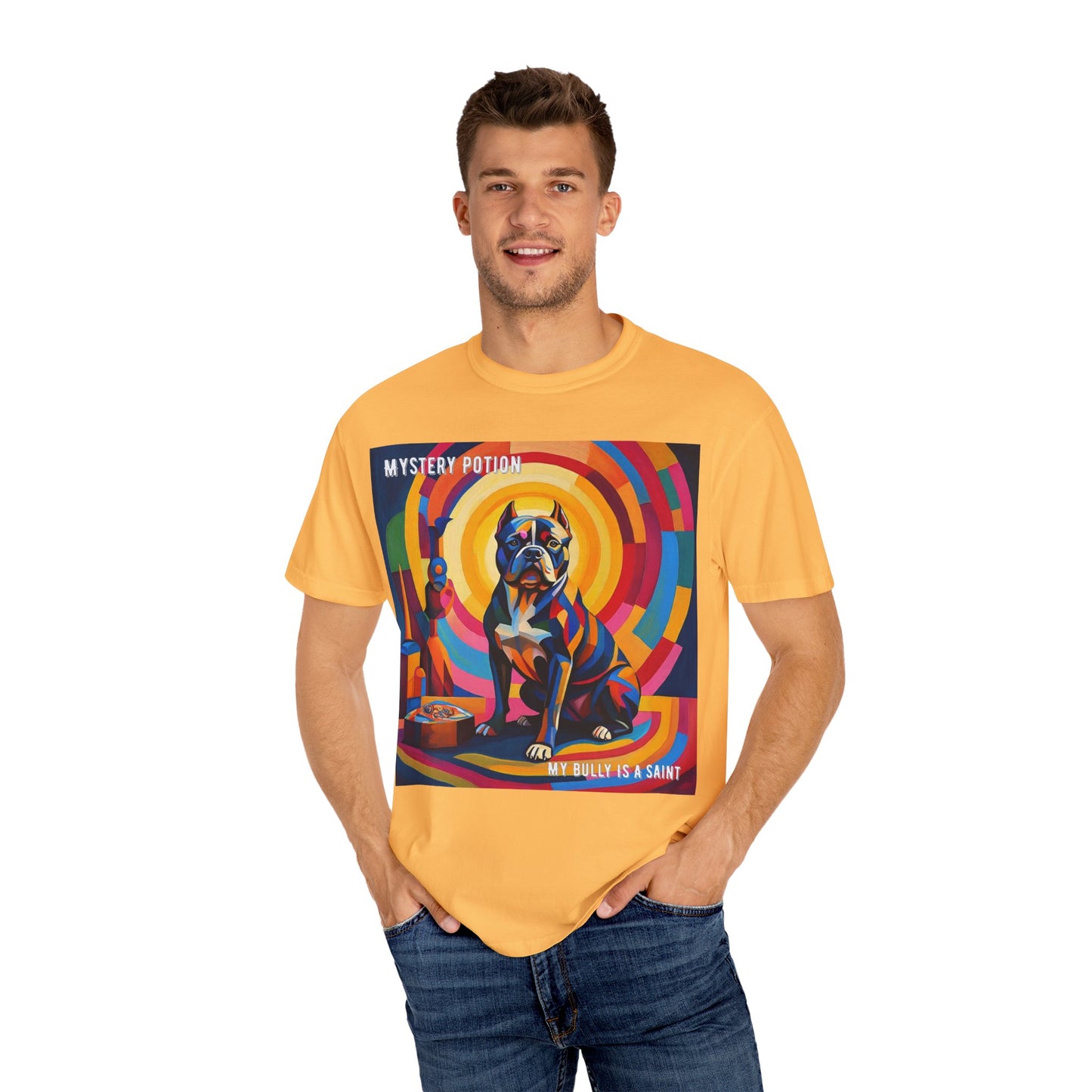 'My Bully Is A Saint' by Mystery Potion Colorful Dog Art T-shirt, Unisex Graphic Tee by Mystery Potion, Perfect for Pet Lovers, Comfy Casual Wear, Great Gift for Dog Lovers