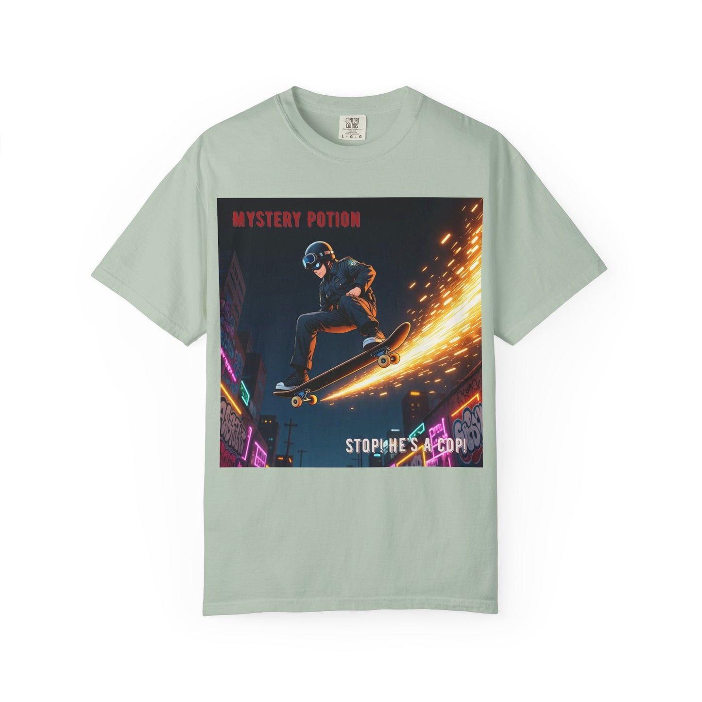 'Stop! He's A Cop!' by Mystery Potion, Skateboard Hardcore Punk T-shirt, Cozy Graphic Tee, Perfect Gift for Skaters, Unisex Streetwear Shirt, Trendy Casual Wear