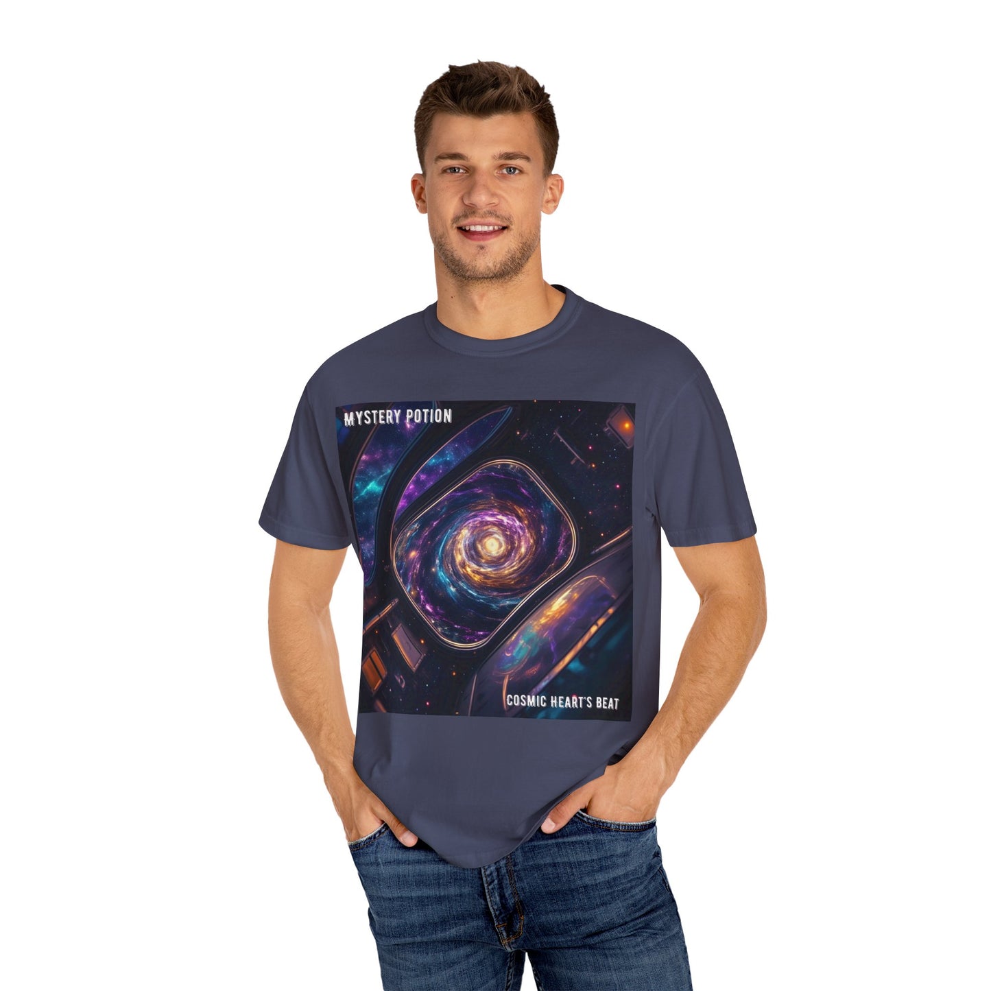 Cosmic Themed Mystery Potion Unisex Garment-Dyed T-shirt, Mystical Tee, Galaxy Shirt, Space Art Apparel, Unique Gift for Event Horizon Stargazers
