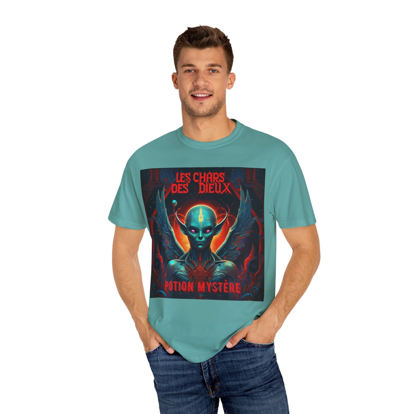 'Les Chars des Dieux' par Potion Mystère, Mystical Alien Graphic T-Shirt | Unisex Tee for Sci-Fi Lovers, Unique Gift for Halloween, Cosmic Vibes, Statement Shirt, Trendy Fashion