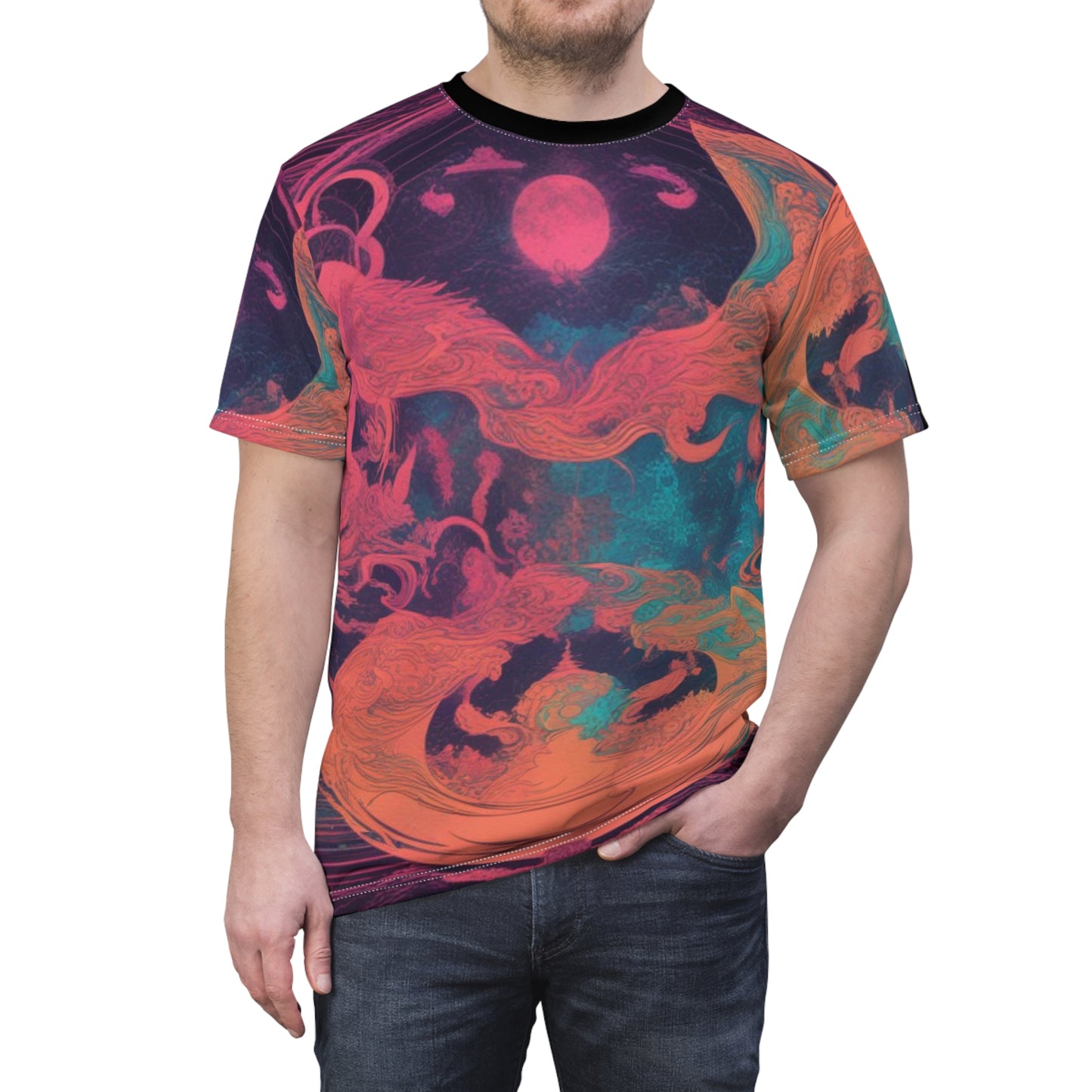 Vibrant Artistic Unisex Tee, Cosmic Graphic Shirt, Unique AOP T-Shirt, Colorful Dreamscape Top, Festival Wear, Statement Fashion