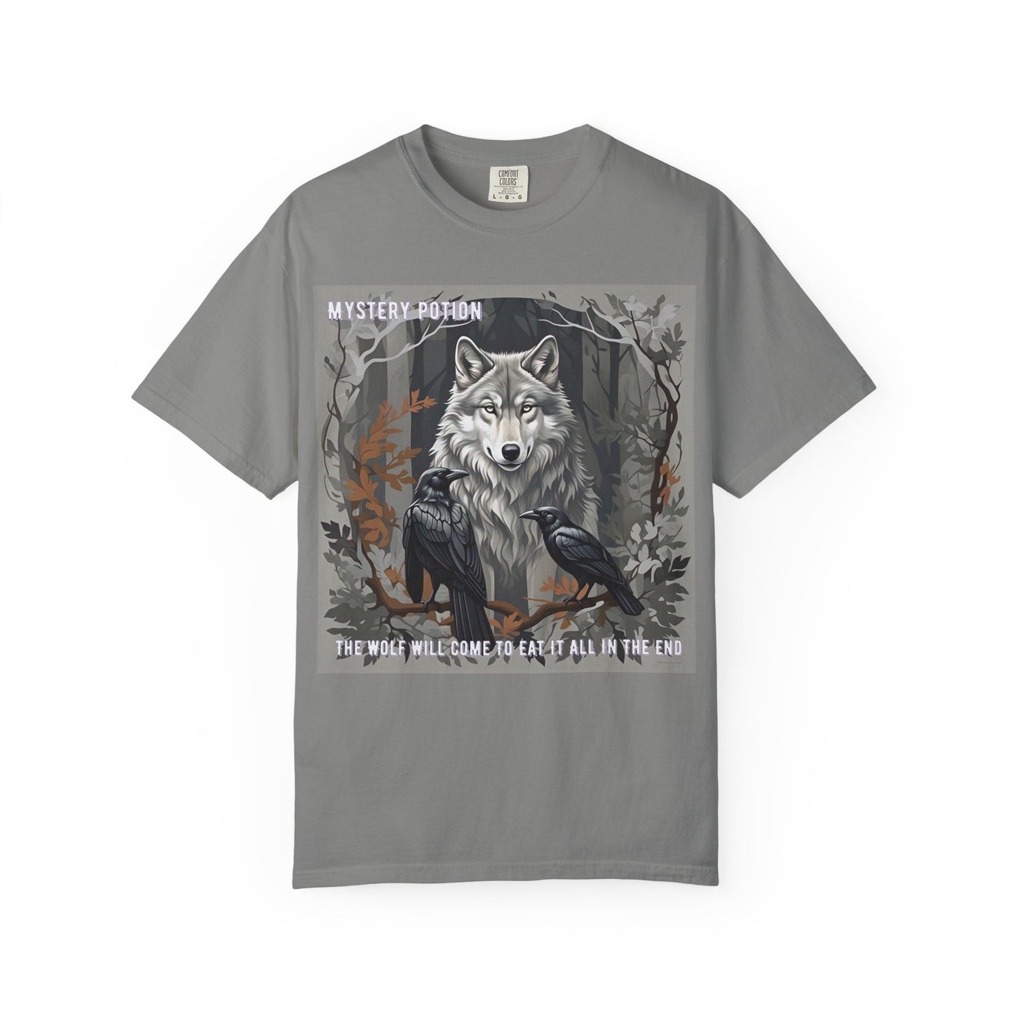 'The Wolf Will Come To Eat It All In The End' by Mystery Potion, Unisex T-Shirt, Edgy Graphic Tee, Animal Lover Gift, Fantasy Shirt, Halloween Apparel, Unique Graphic Shirt