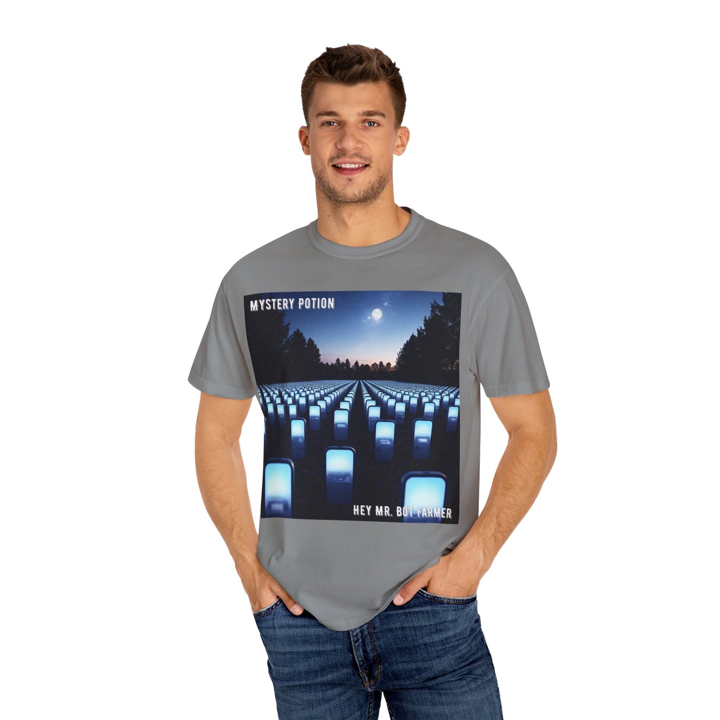 Mystery Potion "Hey Mr. Bot Farmer" Graphic T-Shirt, Unisex Vintage Tee, Perfect for Music Festivals, Casual Wear, Gifts for Him/Her