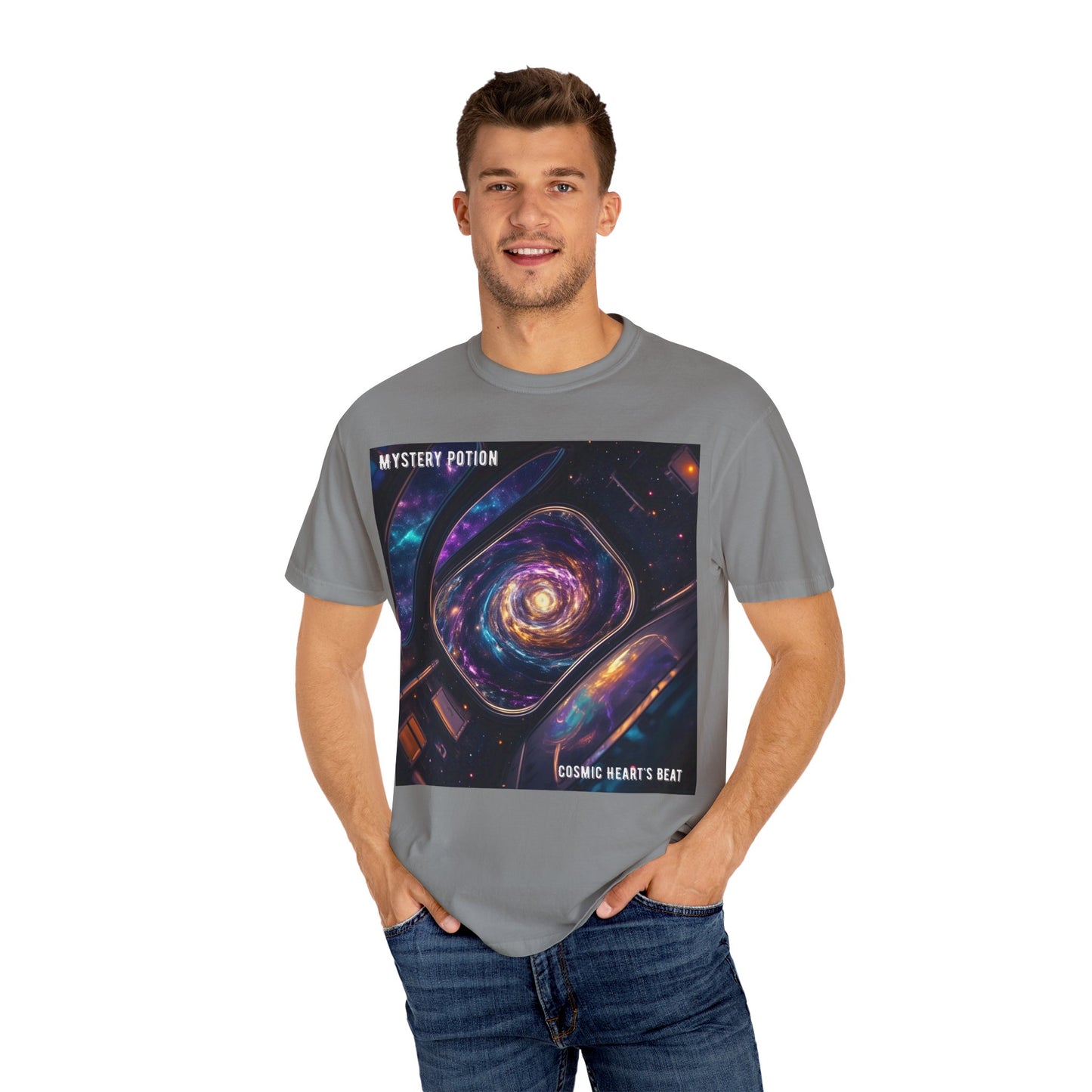 Cosmic Themed Mystery Potion Unisex Garment-Dyed T-shirt, Mystical Tee, Galaxy Shirt, Space Art Apparel, Unique Gift for Event Horizon Stargazers