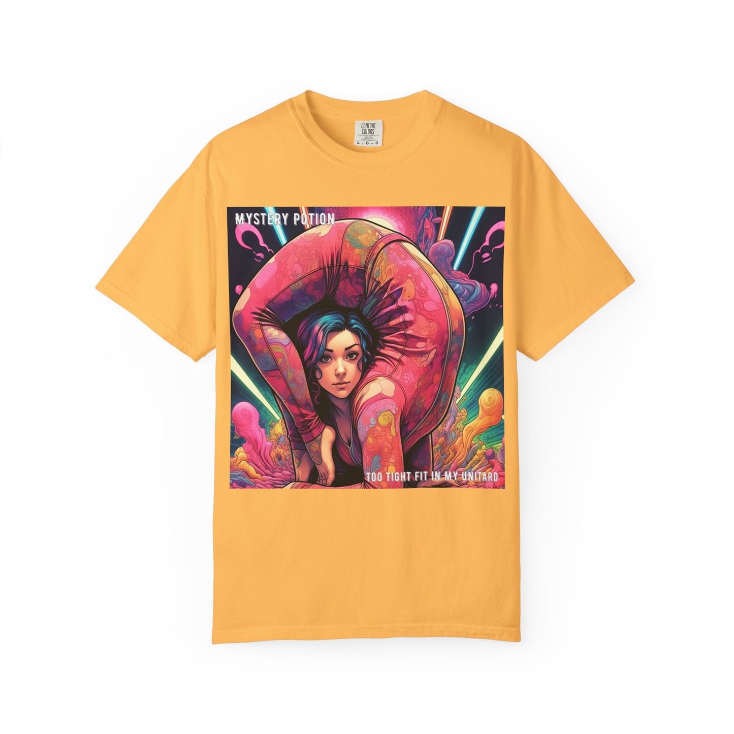 Mystery Potion Extreme Yoga Pose Unisex Garment-Dyed T-shirt, Artistic Tee, Vibrant Graphic Shirt, Unique Gift, Festival Wear, Comfortable Casual Top