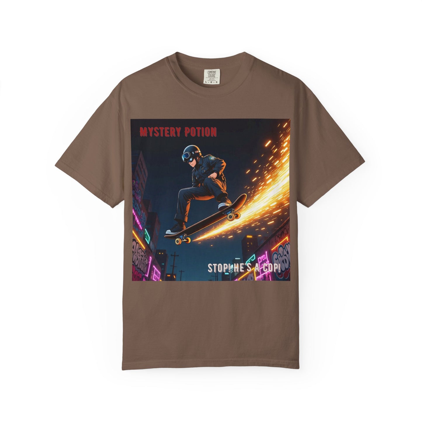 'Stop! He's A Cop!' by Mystery Potion, Skateboard Hardcore Punk T-shirt, Cozy Graphic Tee, Perfect Gift for Skaters, Unisex Streetwear Shirt, Trendy Casual Wear