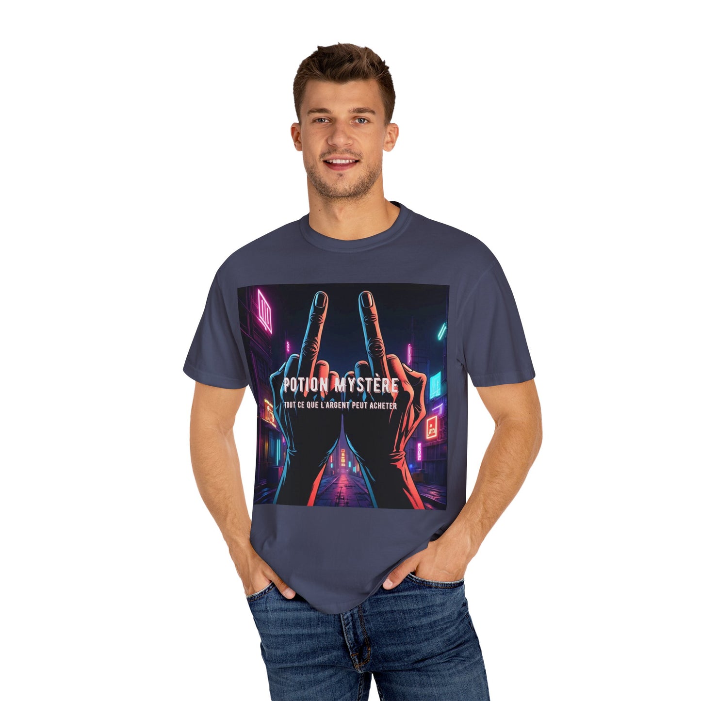 'Tout Ce Que L'Argent Peut Acheter' par Potion Mystère, Two Fingers Up Unisex T-Shirt with Artistic Graphic Design, Casual Wear, Streetwear Style, Gift for Art Lovers, Unique Graphic Tee, [...]