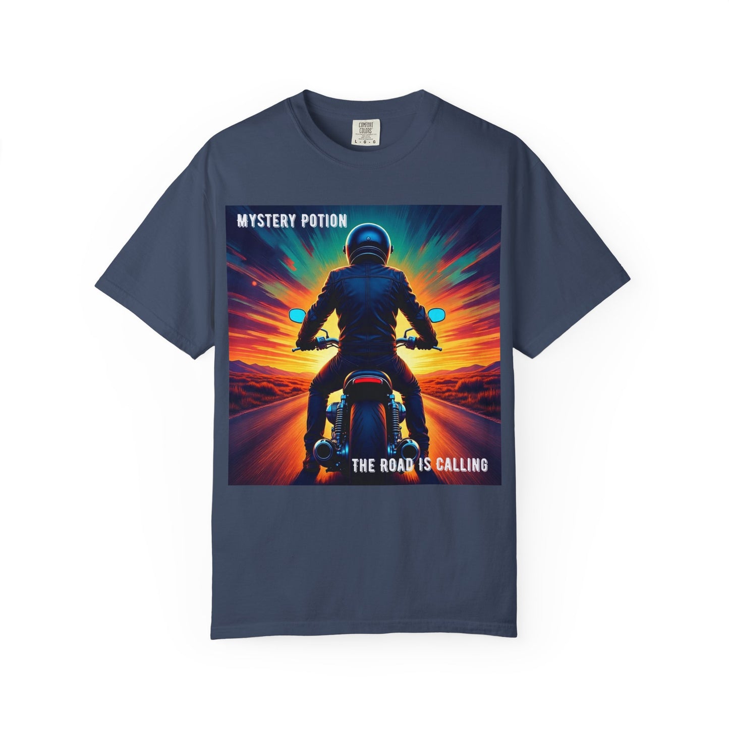 'The Road is Calling' by Mystery Potion Adventure T-Shirt, Motorcycle Gift, Road Trip Tee, Vintage Style Shirt, Unisex Graphic Tee, Outdoor Enthusiast Apparel