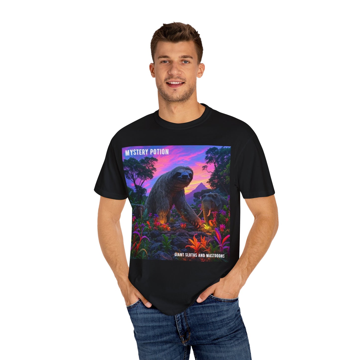 Mystery Potion's Giant Sloths and Mastodons Graphic T-Shirt | Unisex Garment-Dyed Tee for Nature Lovers, Unique Gift, Festival Wear, Prehistoric Design