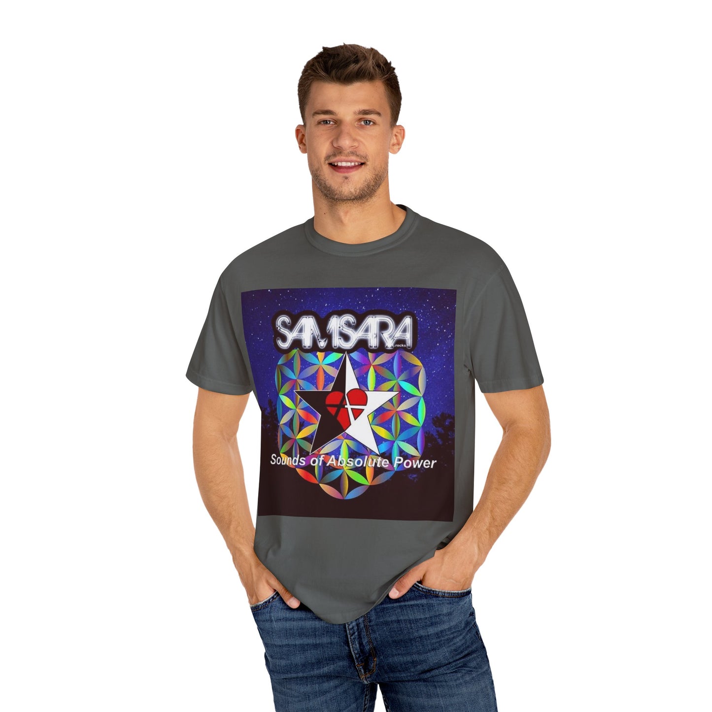 Sounds Of Absolute Power by Samsara Vibrant Graphic T-Shirt for Nature Lovers, Unisex Tee, Festival Wear, Gift for Music Enthusiasts, Bohemian Style Apparel