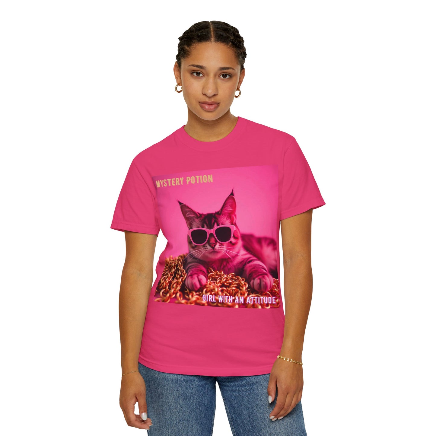 'Girl With An Attitude' by Mystery Potion, Cool Cat T-shirt, Fun Cat Tee, Gift for Cat Lovers, Casual Wear, Unique Fashion Statement, Attitude T-shirt