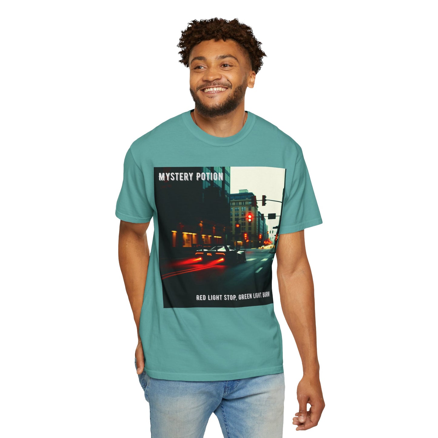 'Red Light Stop, Green Light Burn' by Mystery Potion Urban Vibe T-Shirt, Street Art T-Shirt, Fashion Tee, Gift for Art Lovers, Unisex Cotton Shirt, Unique Graphic Tee
