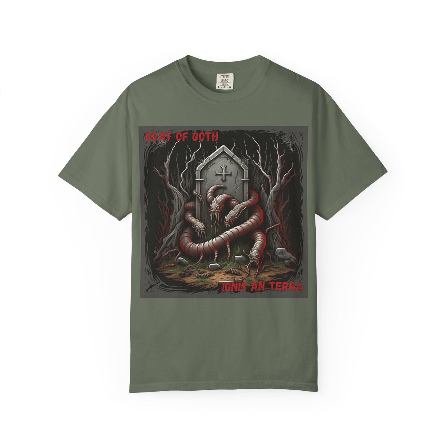 'Ignis An Terra' by GOAT of Goth, Gothic Graphic T-Shirt, Dark Aesthetic Tee, Unisex Halloween Shirt, Unique Gift for Horror Lovers, Casual Everyday Wear