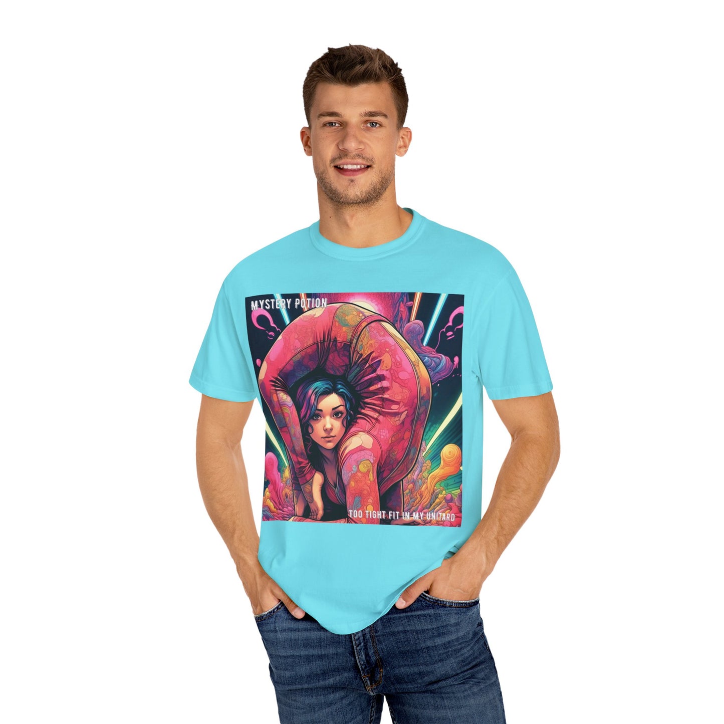 Mystery Potion Extreme Yoga Pose Unisex Garment-Dyed T-shirt, Artistic Tee, Vibrant Graphic Shirt, Unique Gift, Festival Wear, Comfortable Casual Top
