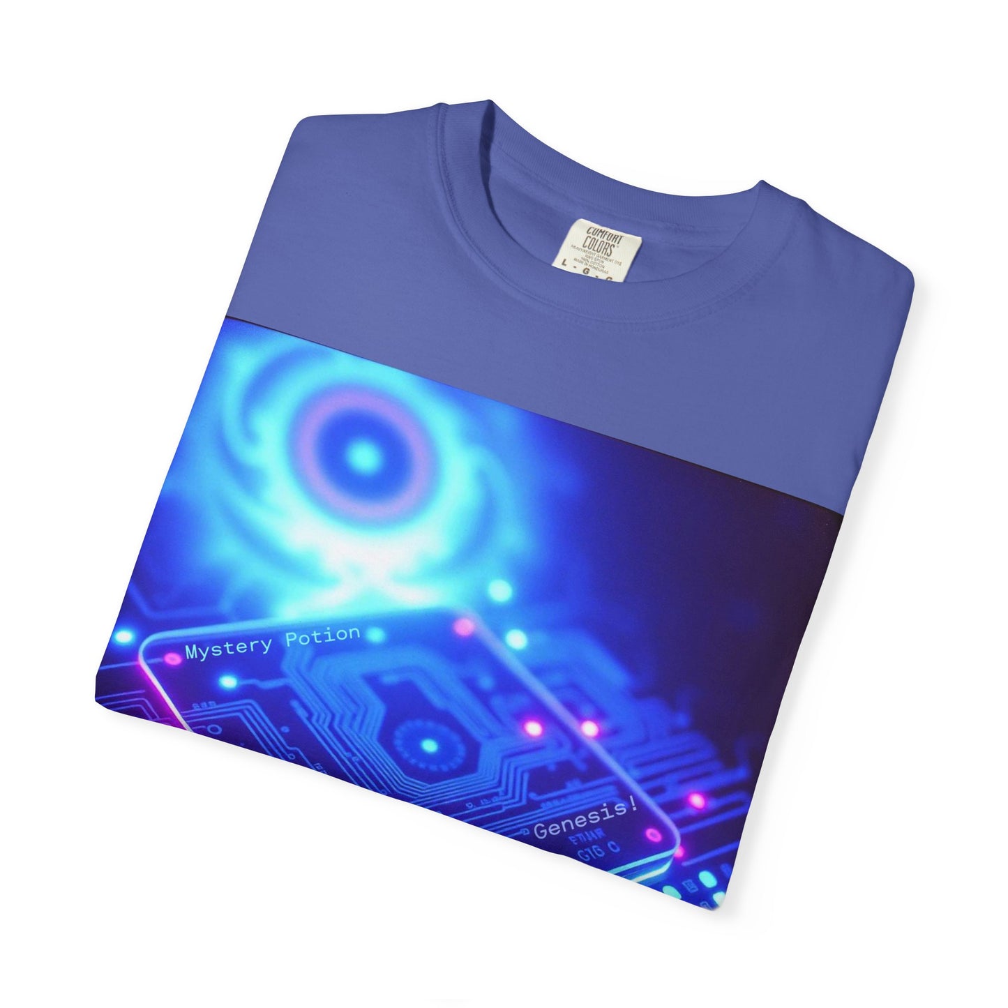 Genesis by Mystery Potion, Tech-Inspired Unisex Garment-Dyed T-Shirt, Unique Gift for Tech Lovers, Festival Wear, Casual Style, Gamer Apparel, Cyberpunk Vibe