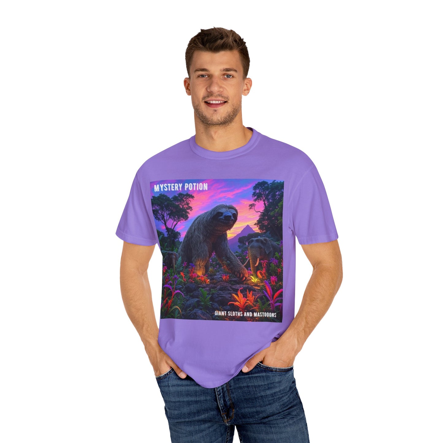 Mystery Potion's Giant Sloths and Mastodons Graphic T-Shirt | Unisex Garment-Dyed Tee for Nature Lovers, Unique Gift, Festival Wear, Prehistoric Design