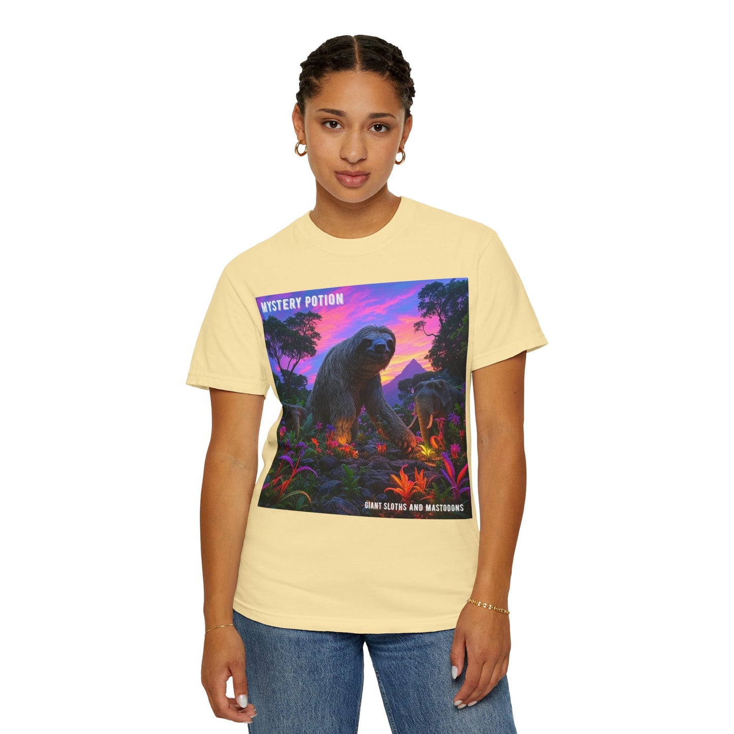 Mystery Potion's Giant Sloths and Mastodons Graphic T-Shirt | Unisex Garment-Dyed Tee for Nature Lovers, Unique Gift, Festival Wear, Prehistoric Design