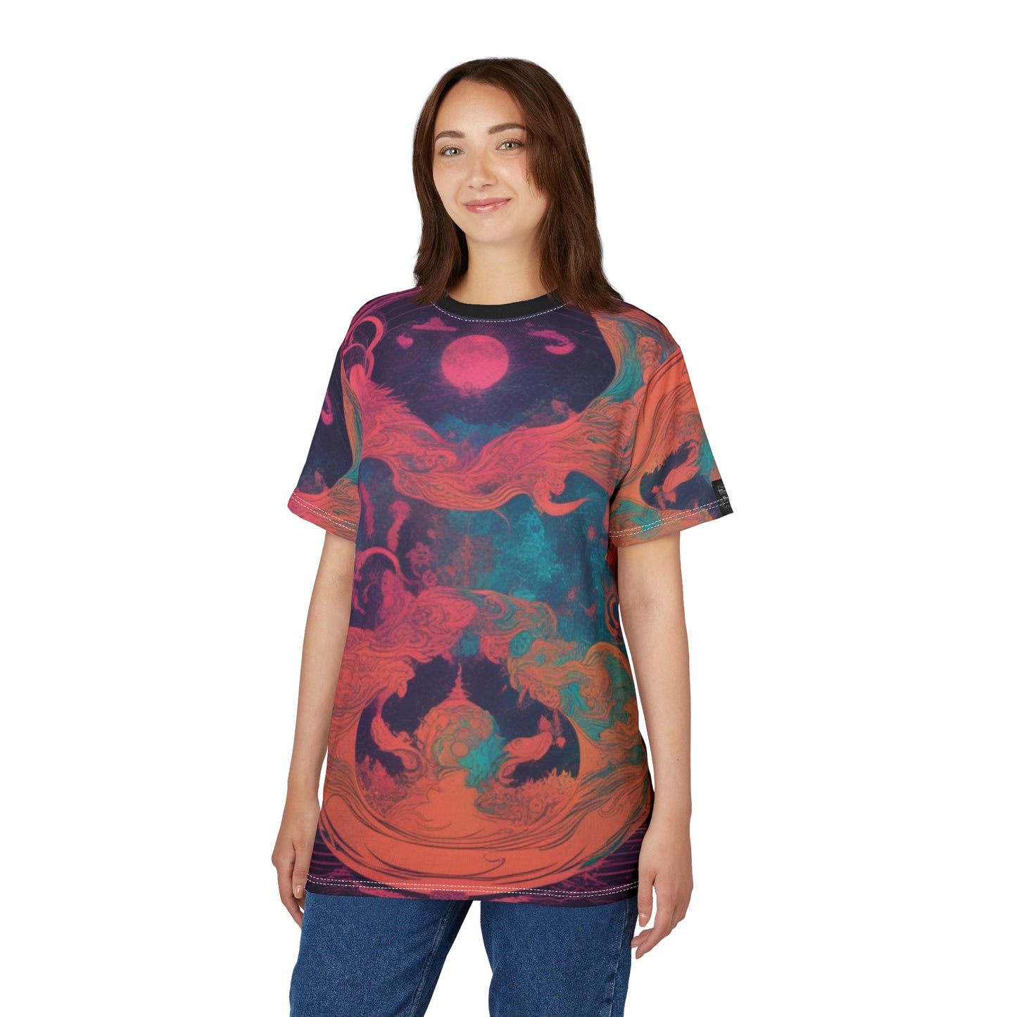 Vibrant Artistic Unisex Tee, Cosmic Graphic Shirt, Unique AOP T-Shirt, Colorful Dreamscape Top, Festival Wear, Statement Fashion