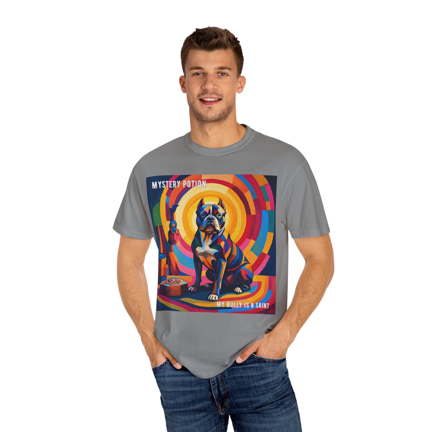 'My Bully Is A Saint' by Mystery Potion Colorful Dog Art T-shirt, Unisex Graphic Tee by Mystery Potion, Perfect for Pet Lovers, Comfy Casual Wear, Great Gift for Dog Lovers