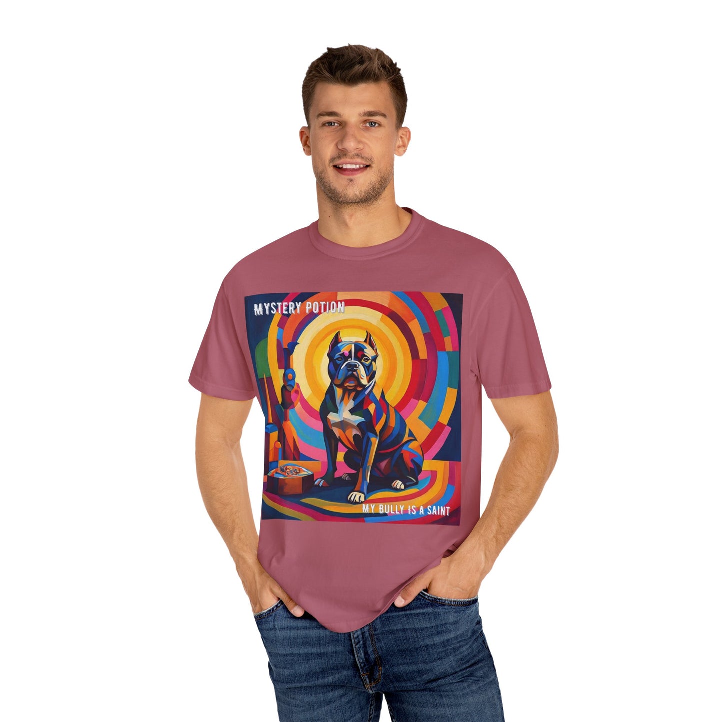 'My Bully Is A Saint' by Mystery Potion Colorful Dog Art T-shirt, Unisex Graphic Tee by Mystery Potion, Perfect for Pet Lovers, Comfy Casual Wear, Great Gift for Dog Lovers