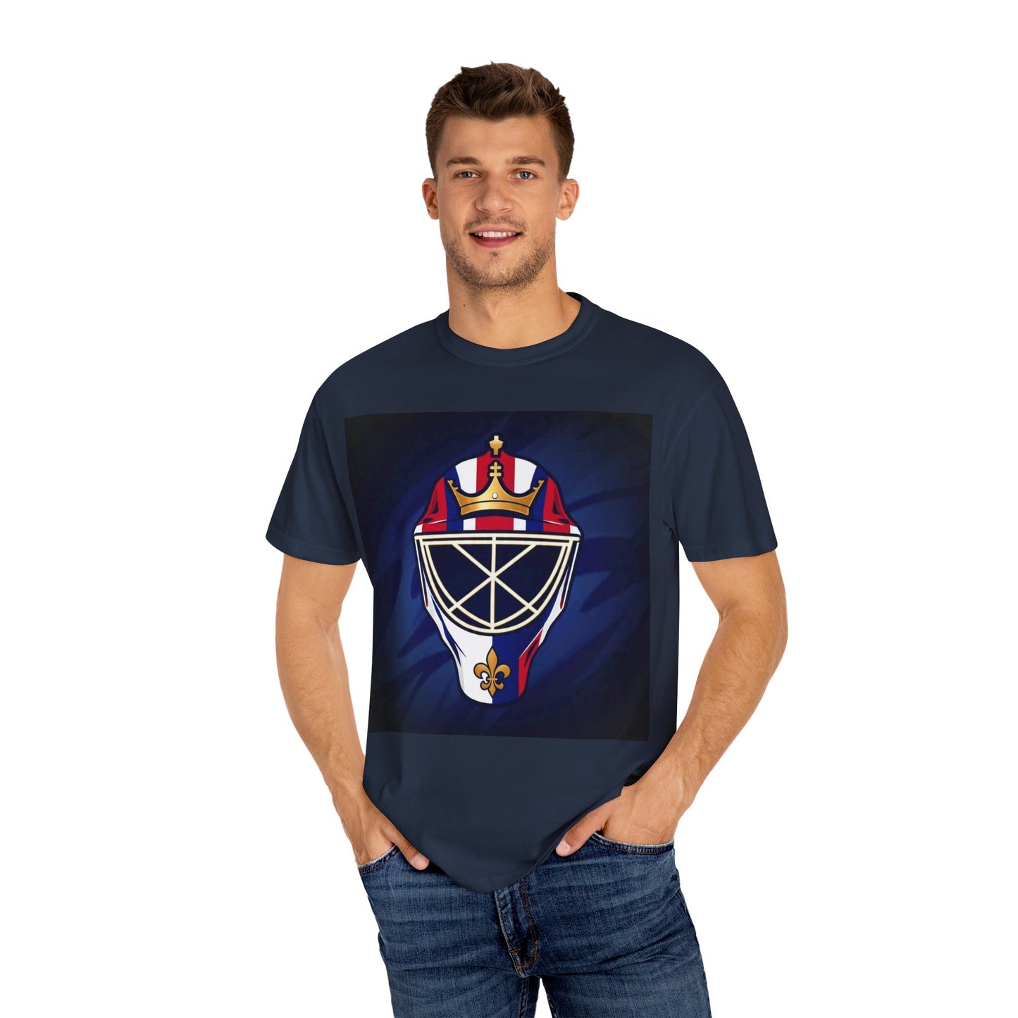 Regal Crown Goalie Mask Graphic T-shirt, Unisex Fashion Tee, Red, White and Blue Casual Wear, Gift for Her/Him, Summer Style, Graphic Apparel, Streetwear